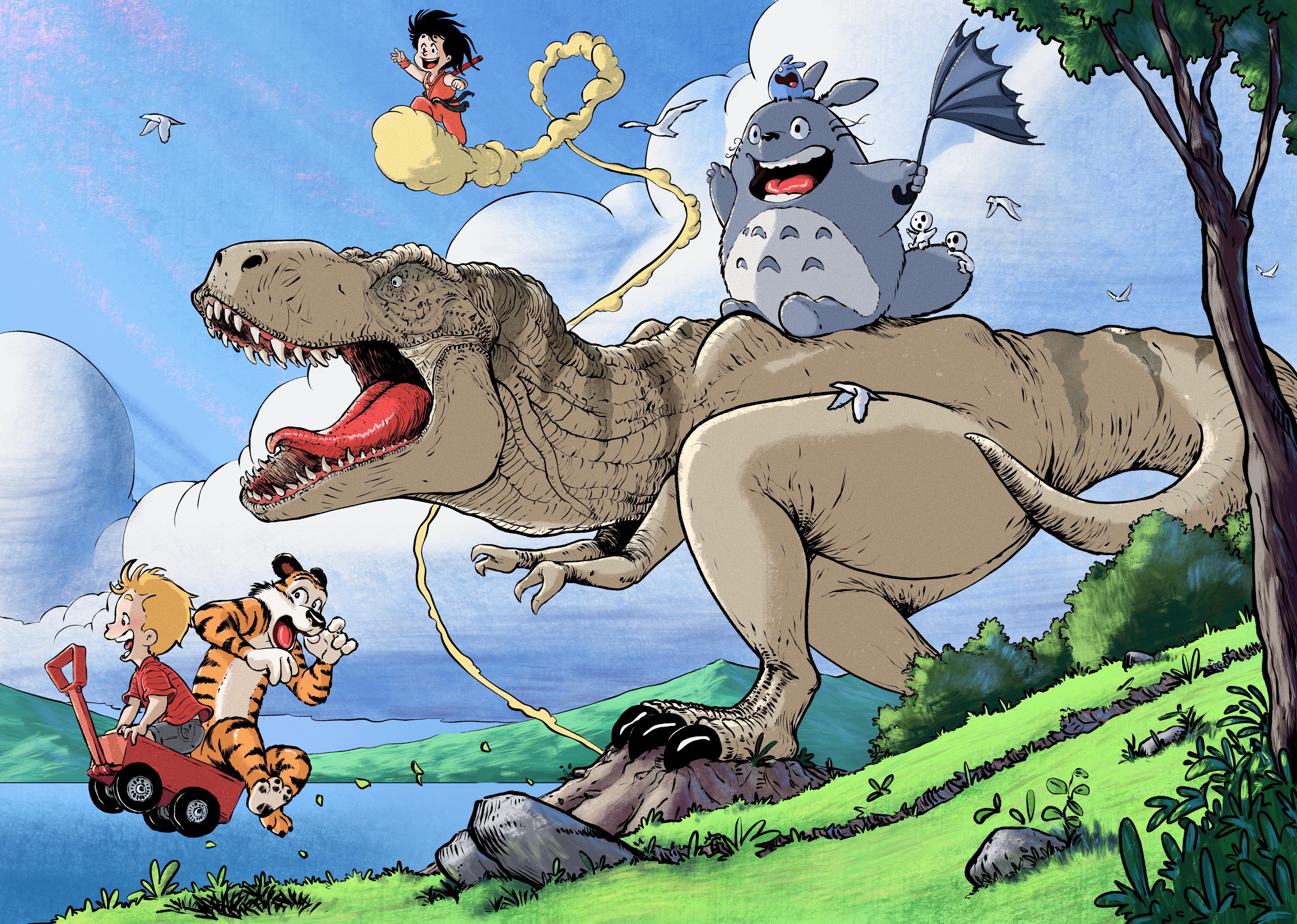 Goku, Totoro, and Calvin and Hobbes ride a T-Rex HD Wallpaper
