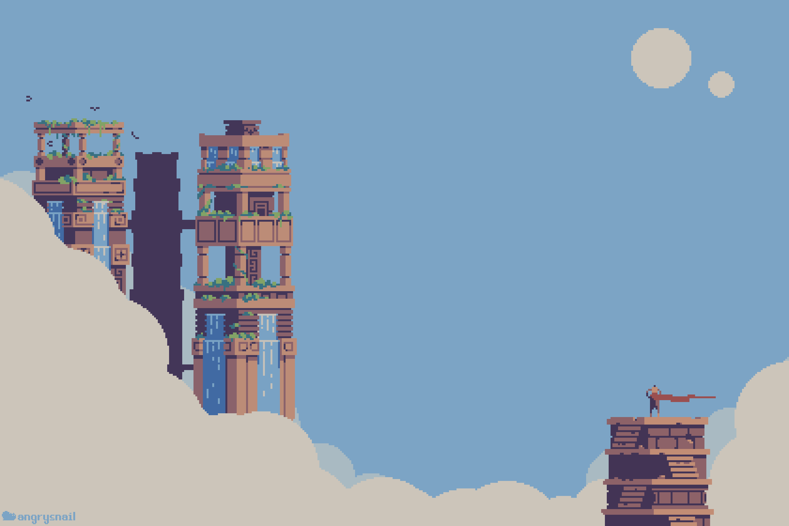 Pixel art of ancient ruins with waterfalls and a lone figure HD Wallpaper