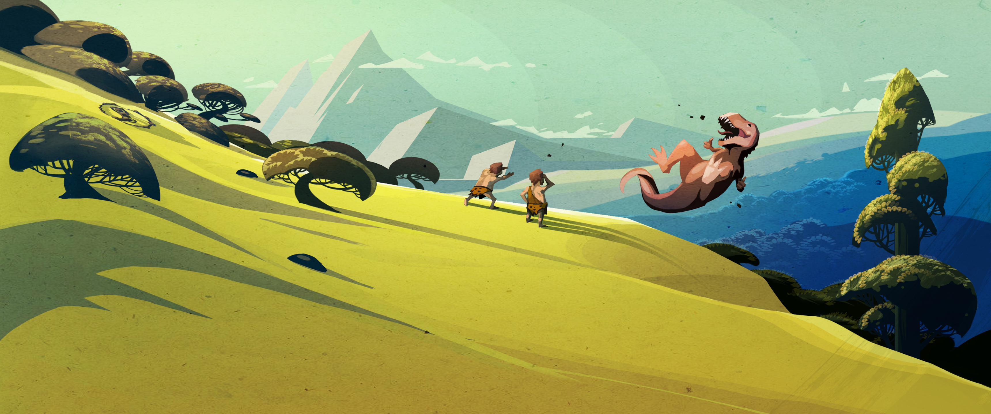 Cavemen running from a falling dinosaur on a grassy hill HD Wallpaper