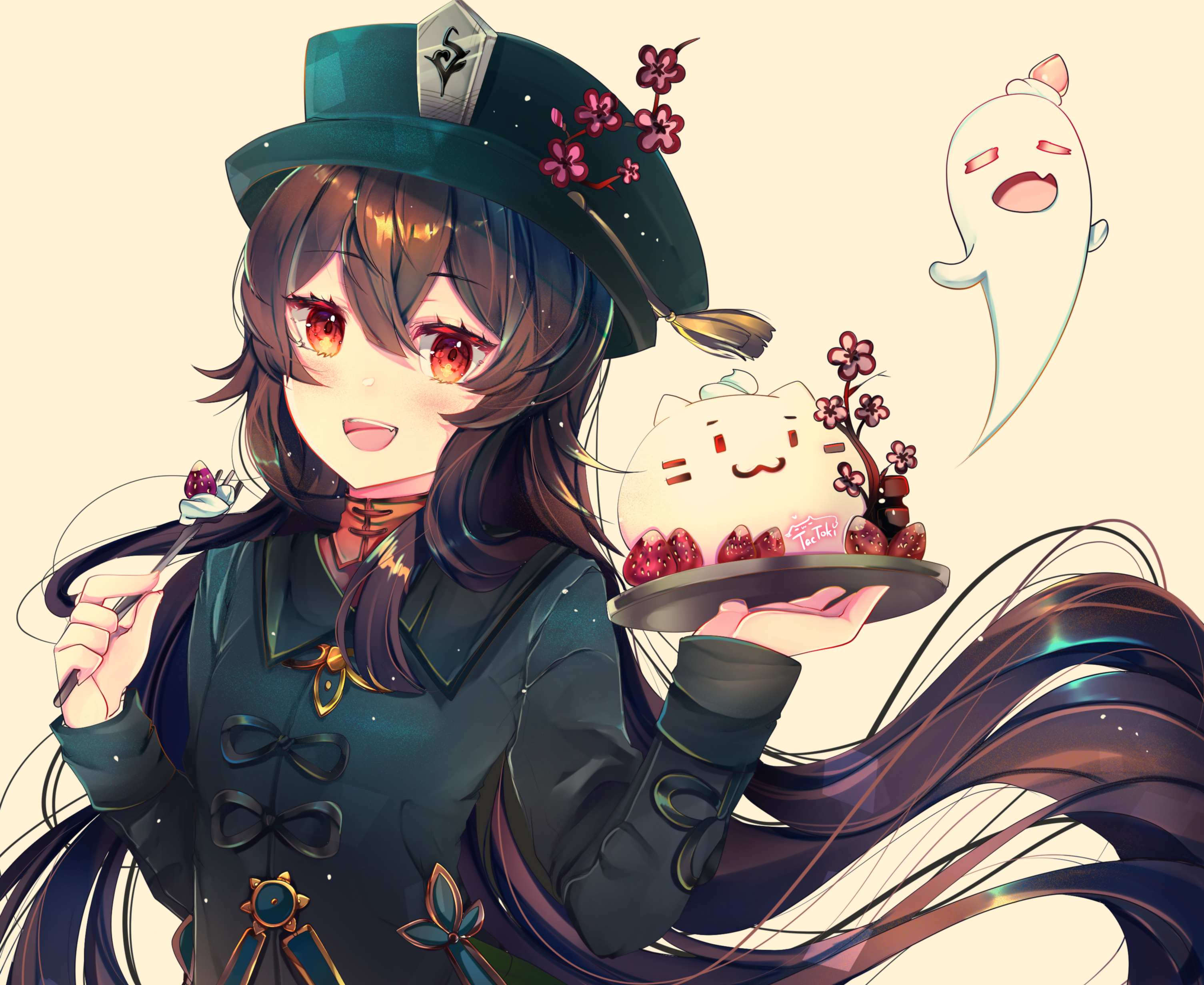 Hu Tao from Genshin Impact with a cat cake HD Wallpaper
