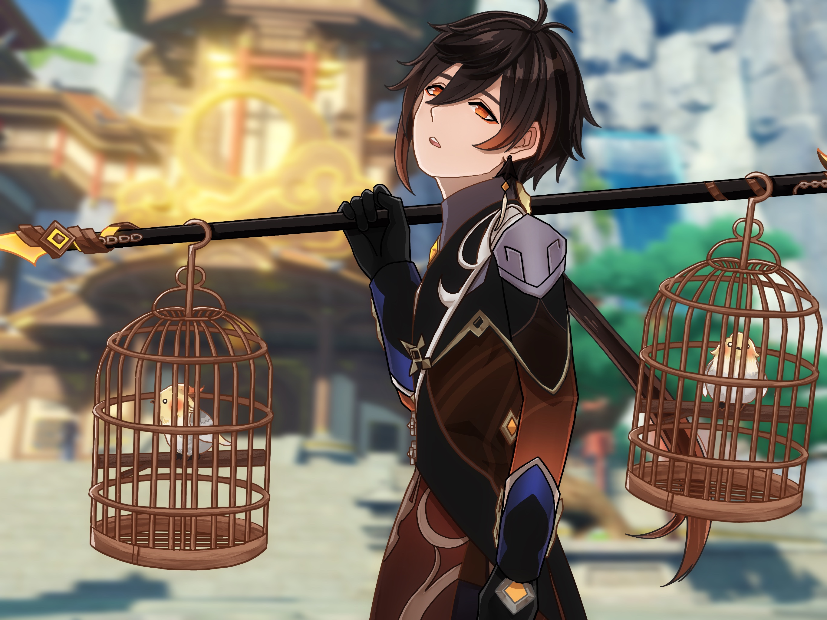 Zhongli from Genshin Impact carrying birds in cages HD Wallpaper