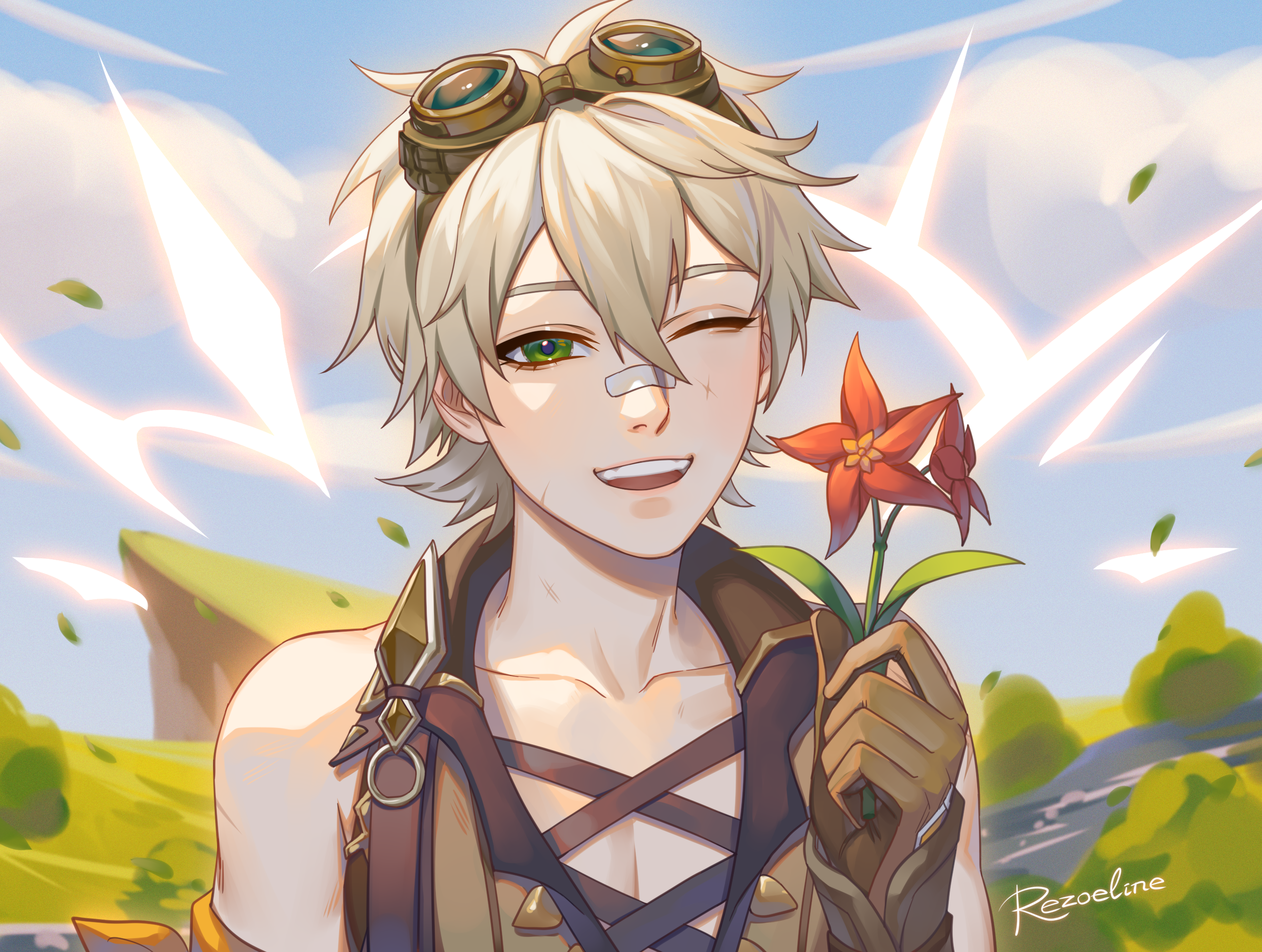 Bennett from Genshin Impact holding a flower HD Wallpaper