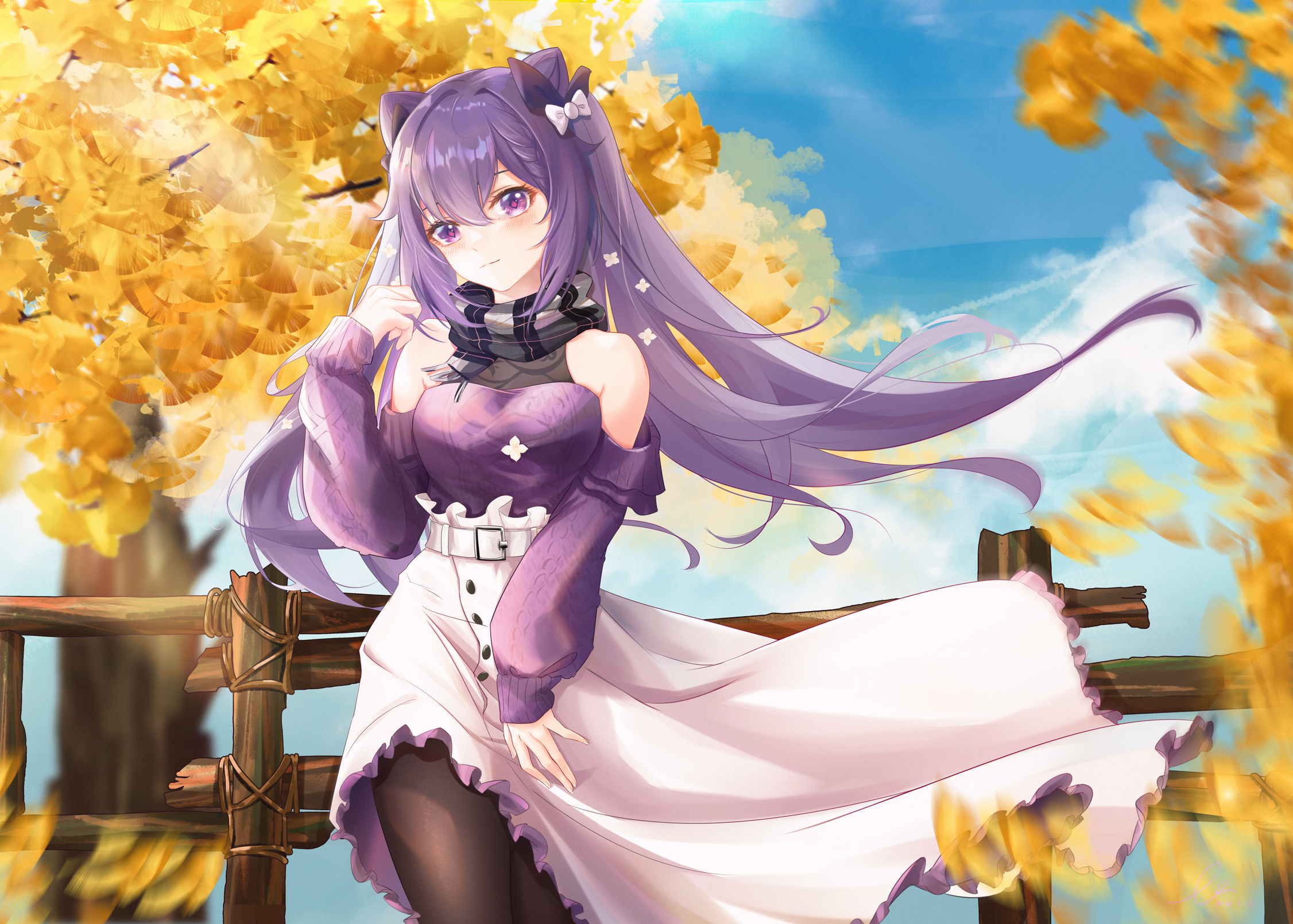 Keqing from Genshin Impact in autumn HD Wallpaper
