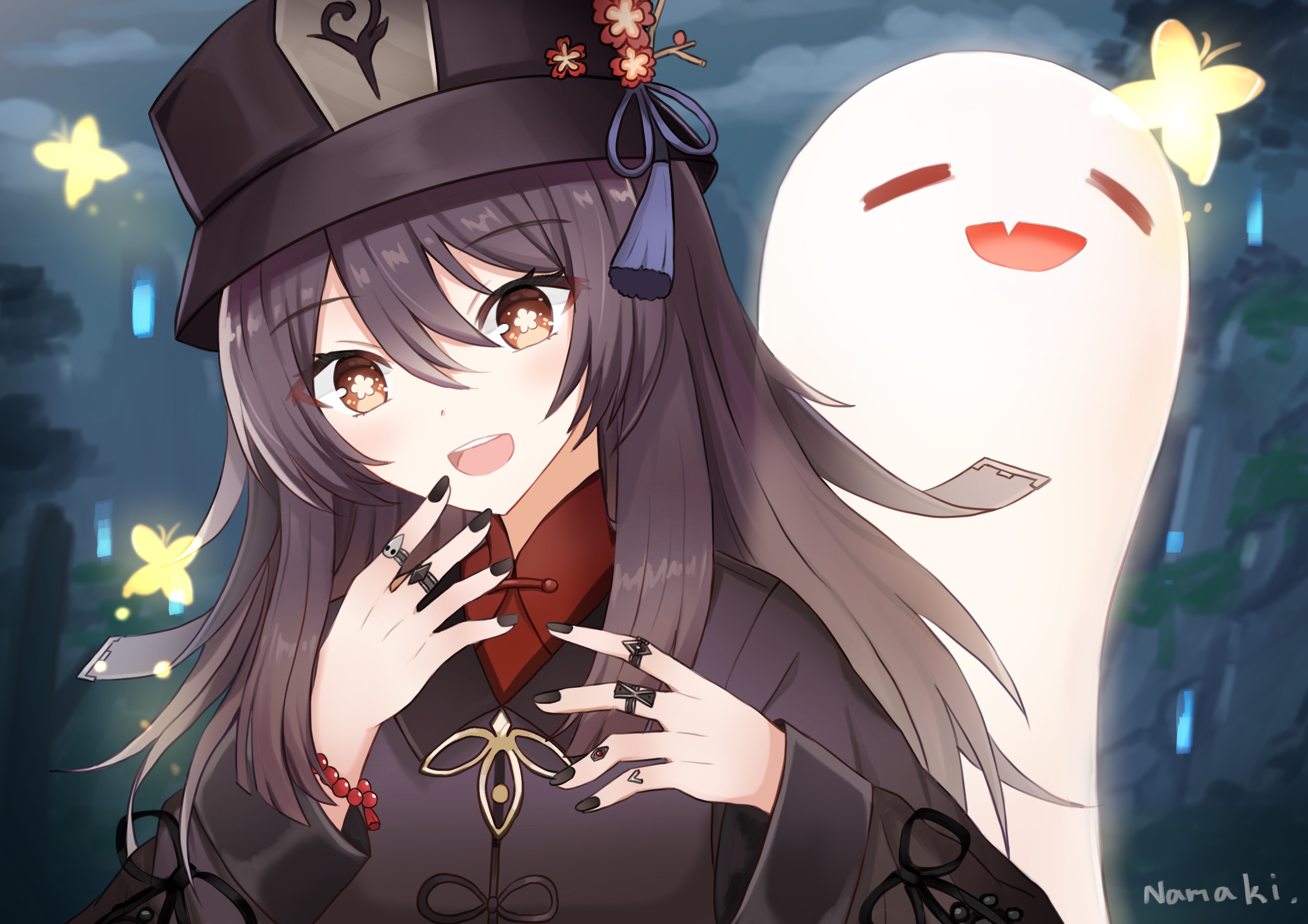 Hu Tao from Genshin Impact with a ghost HD Wallpaper