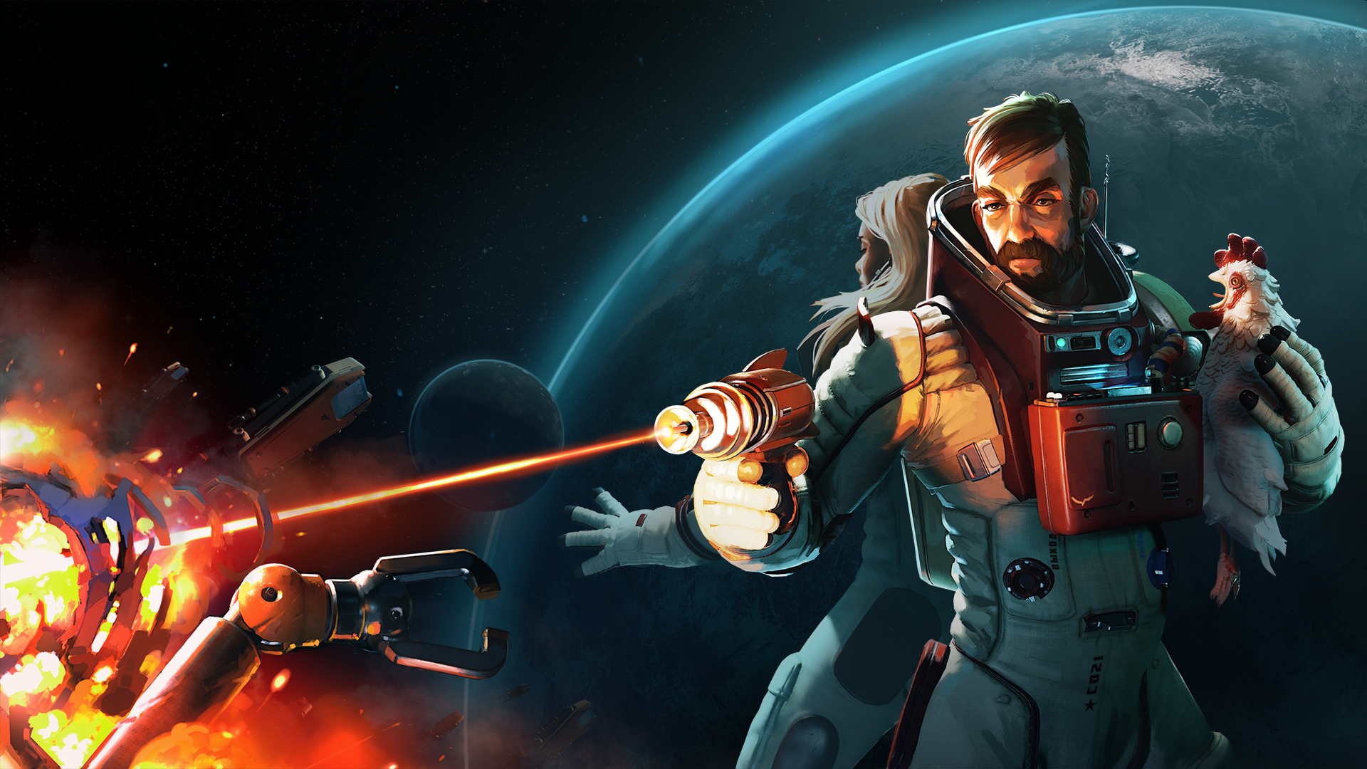 Man and Woman in Space Suits with Chicken HD Wallpaper
