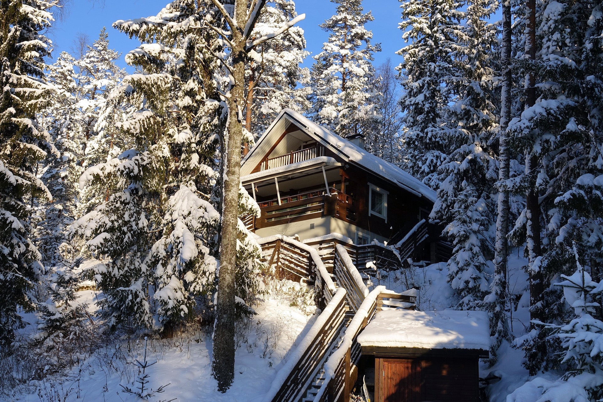 Wooden house in snowy forest HD Wallpaper