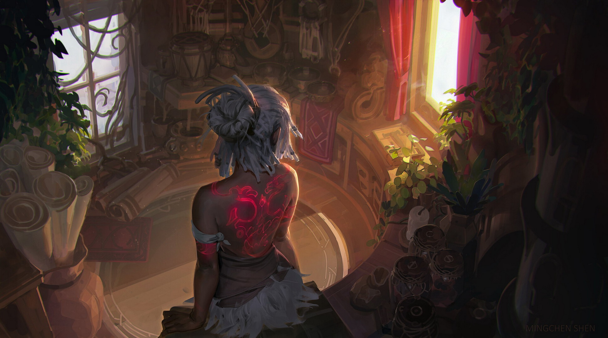 Character with glowing tattoos in a workshop HD Wallpaper