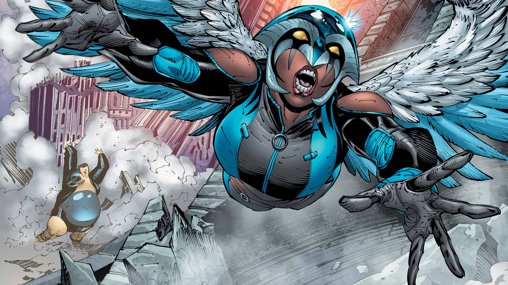 Hawkgirl from DC Comics flying over a city HD Wallpaper