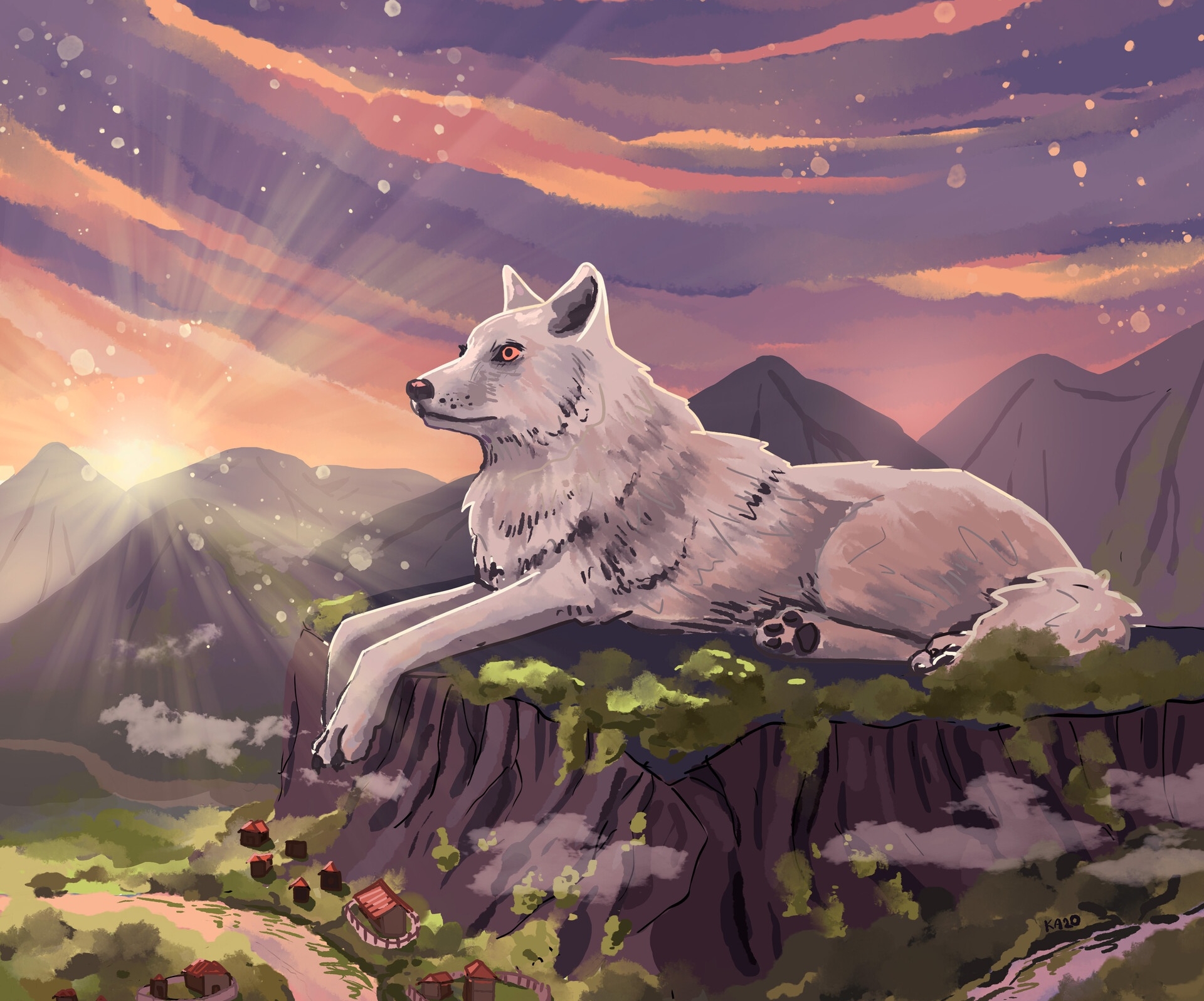 Giant wolf statue overlooking a valley at sunrise HD Wallpaper