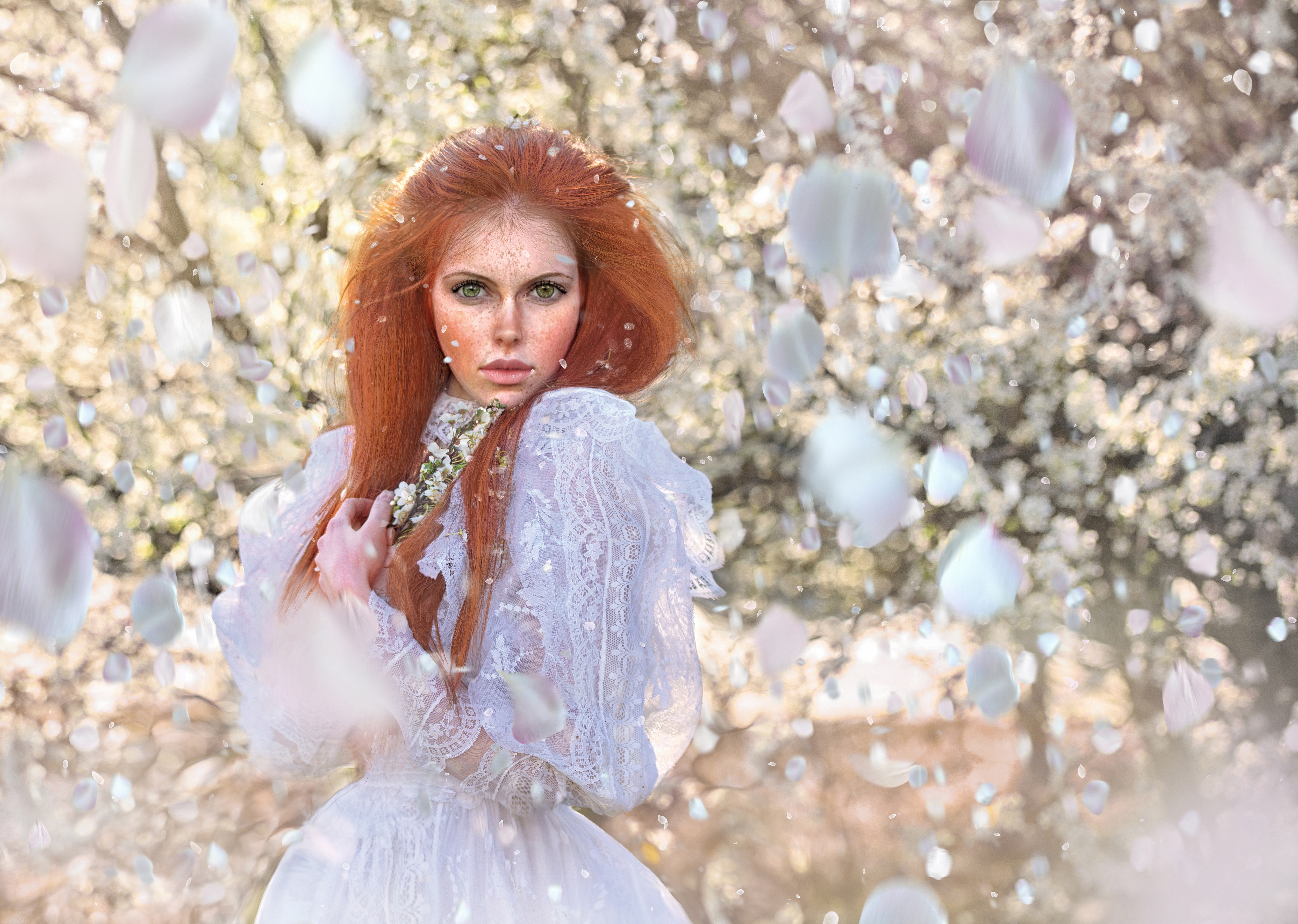 Redhead woman in white dress with freckles and green eyes HD Wallpaper