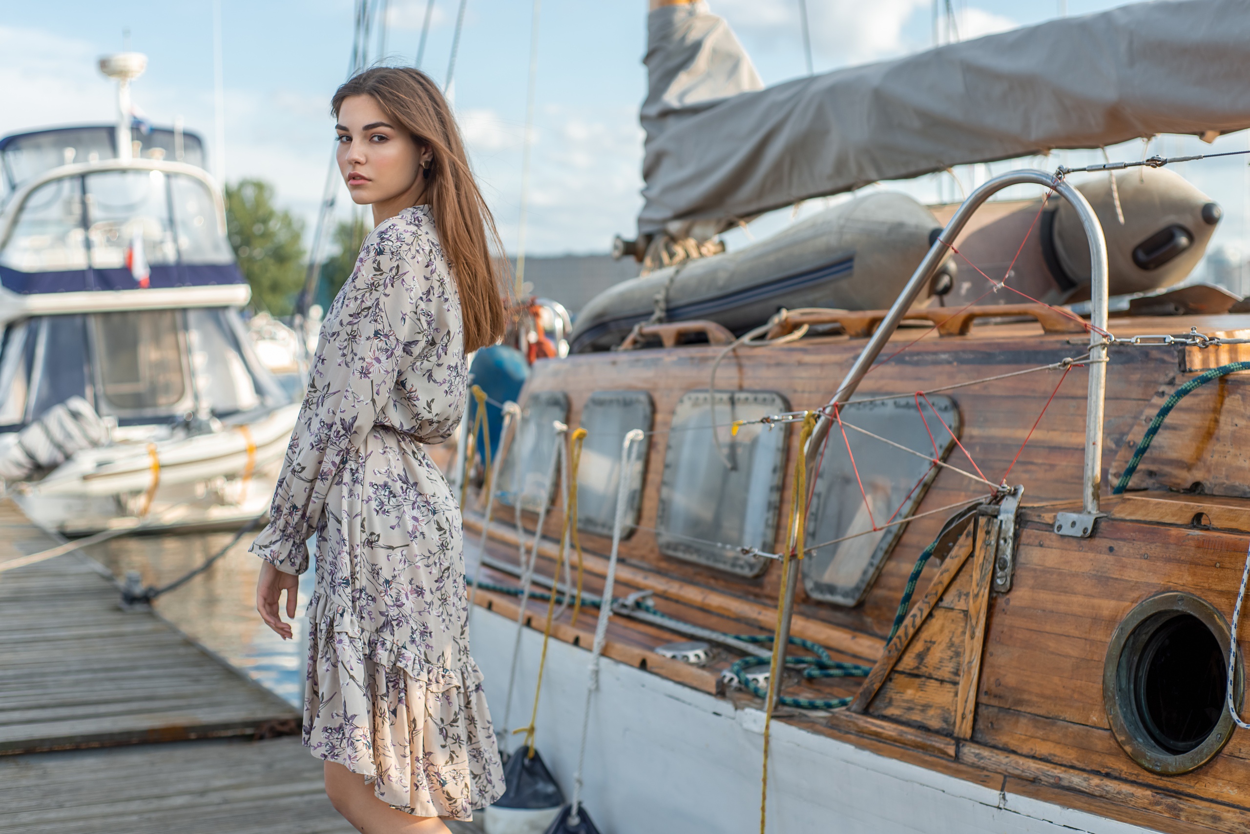 Woman in Floral Dress by the Boat HD Wallpaper