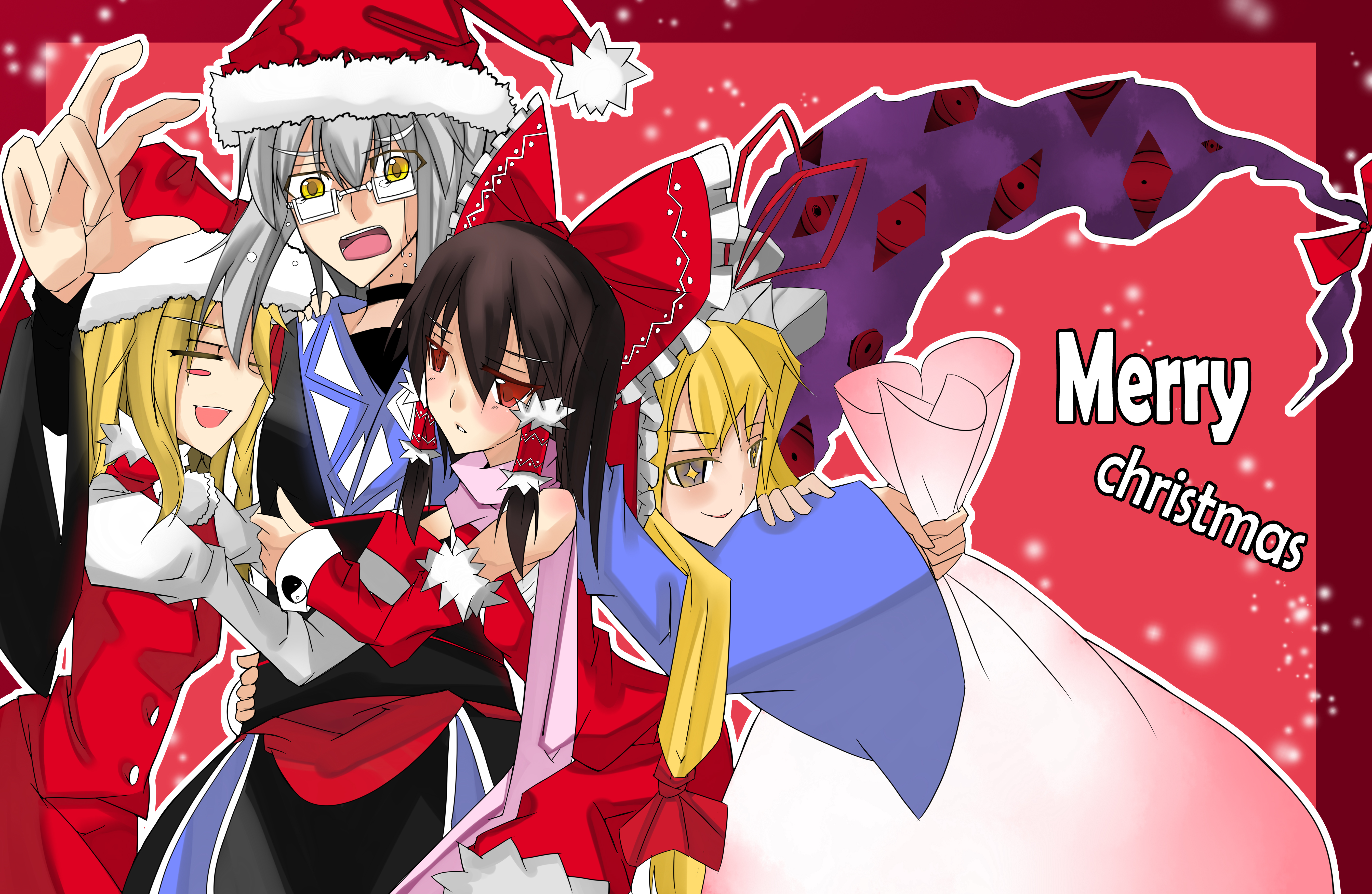 Touhou 4K: Reimu, Rinnosuke, Marisa, and Yukari in Christmas Outfits HD Wallpaper