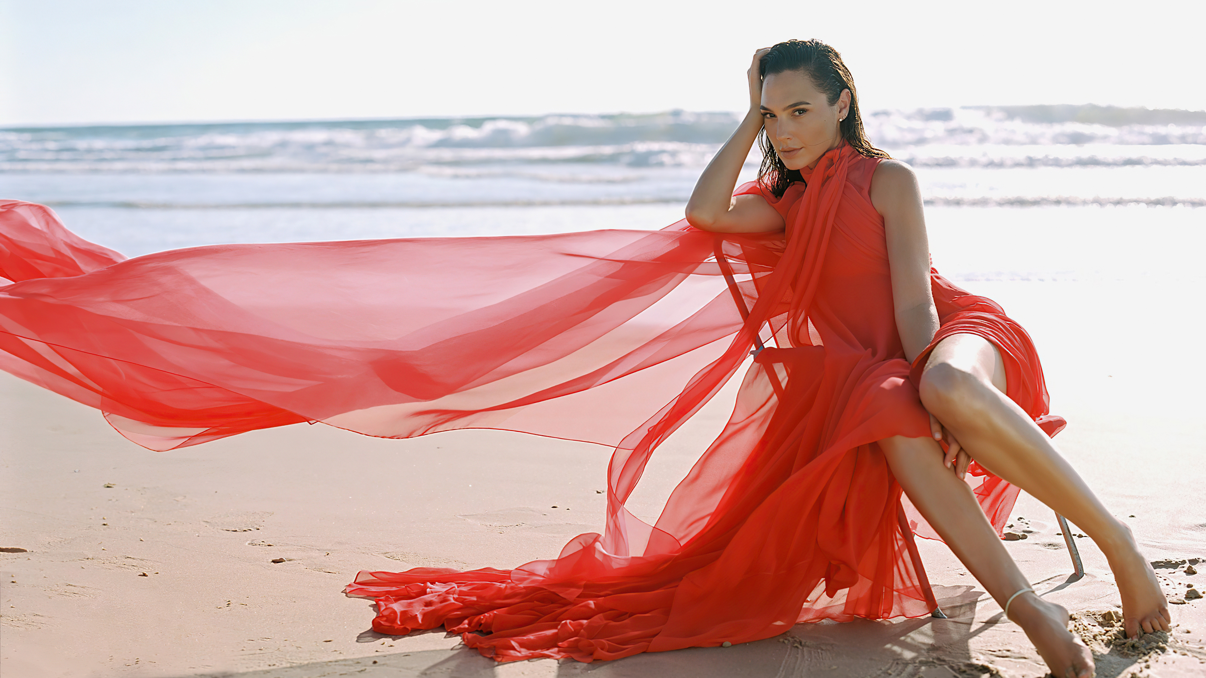 Gal Gadot on a Beach in a Red Dress HD Wallpaper