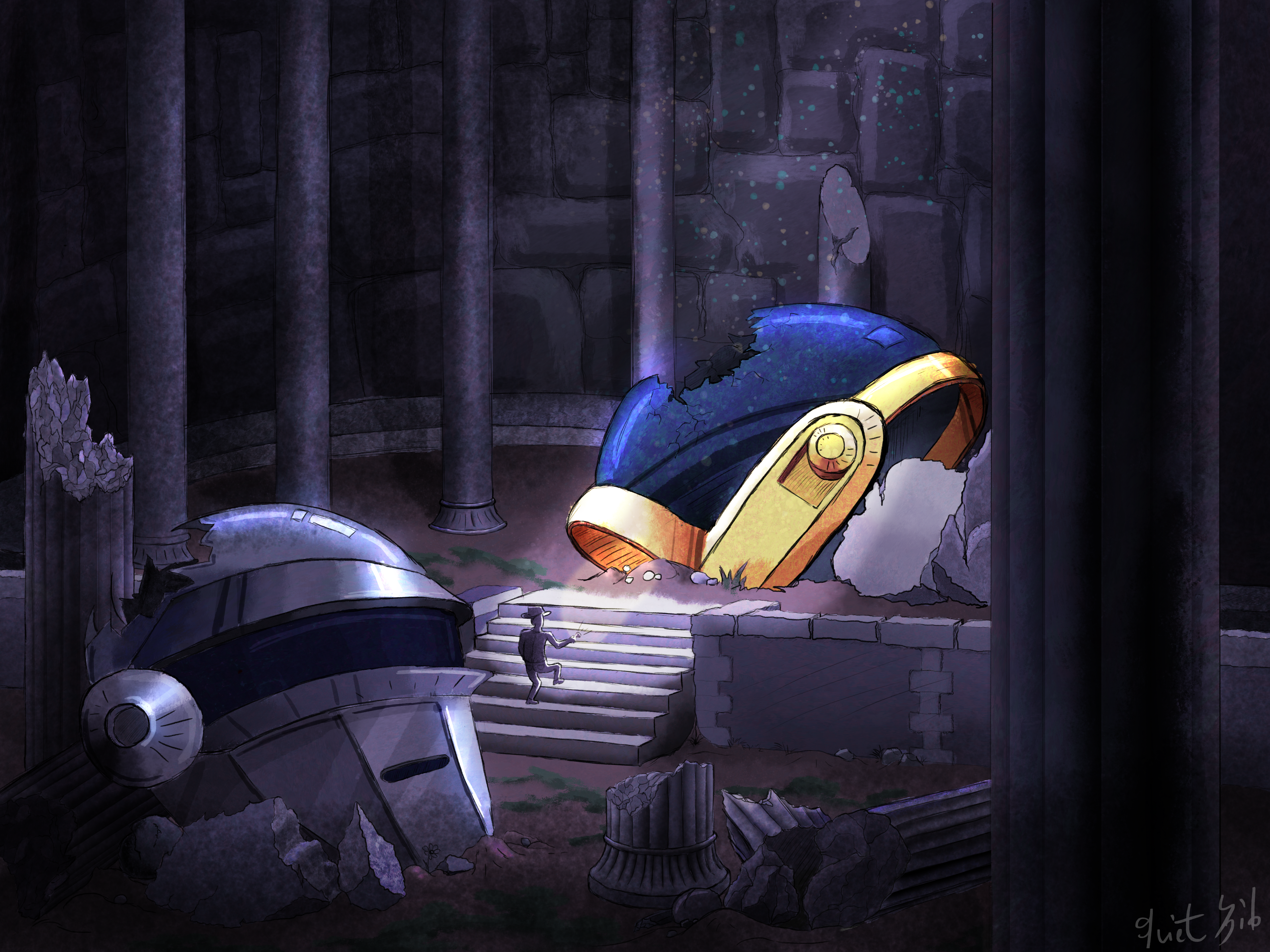 Ruined temple with giant robot helmets and a small figure HD Wallpaper