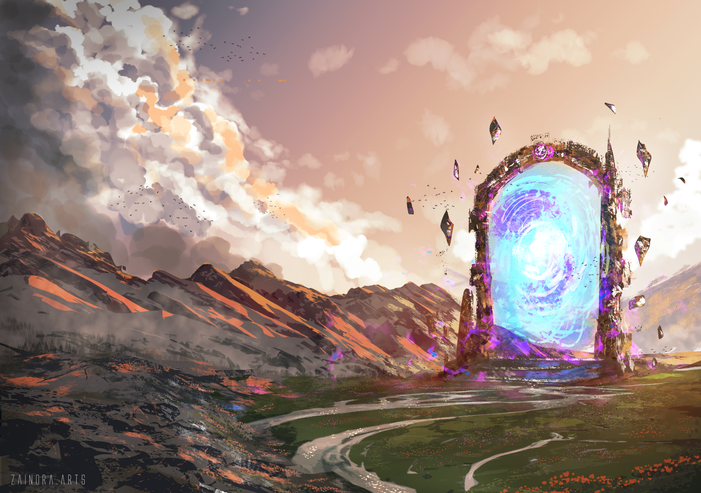 Fantasy portal in a mountain landscape at sunset HD Wallpaper