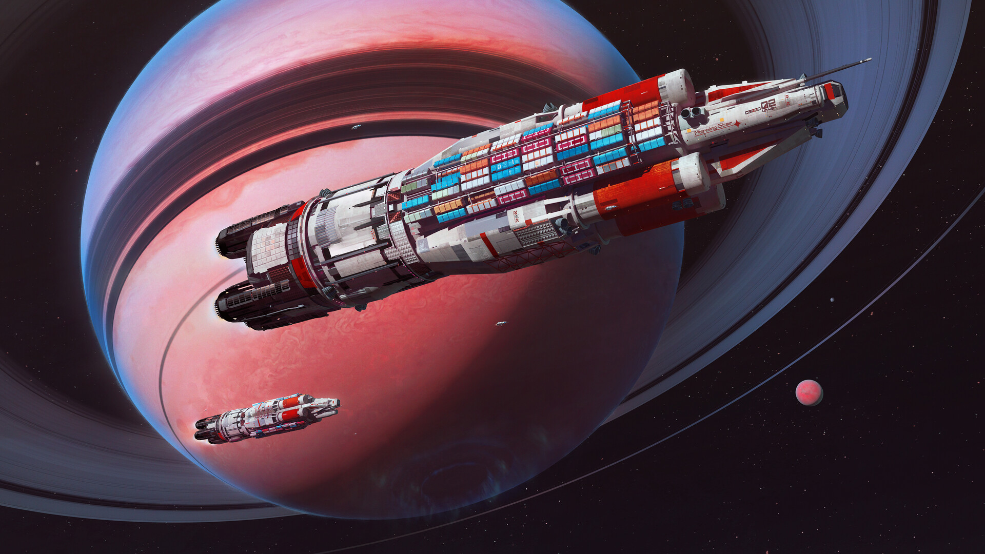 Spaceships near a ringed planet in Prosperous Universe HD Wallpaper