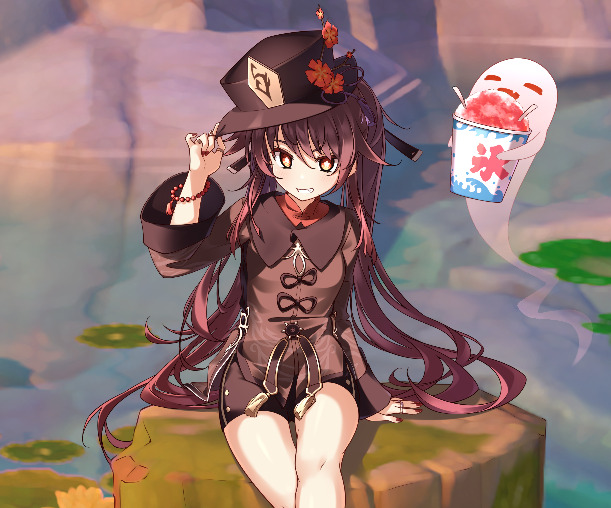 Hu Tao from Genshin Impact with a ghost holding shaved ice HD Wallpaper