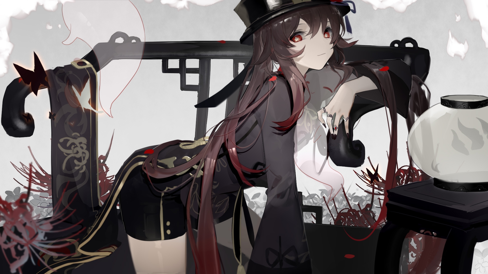 Hu Tao Elegant Pose in Dark Attire HD Wallpaper