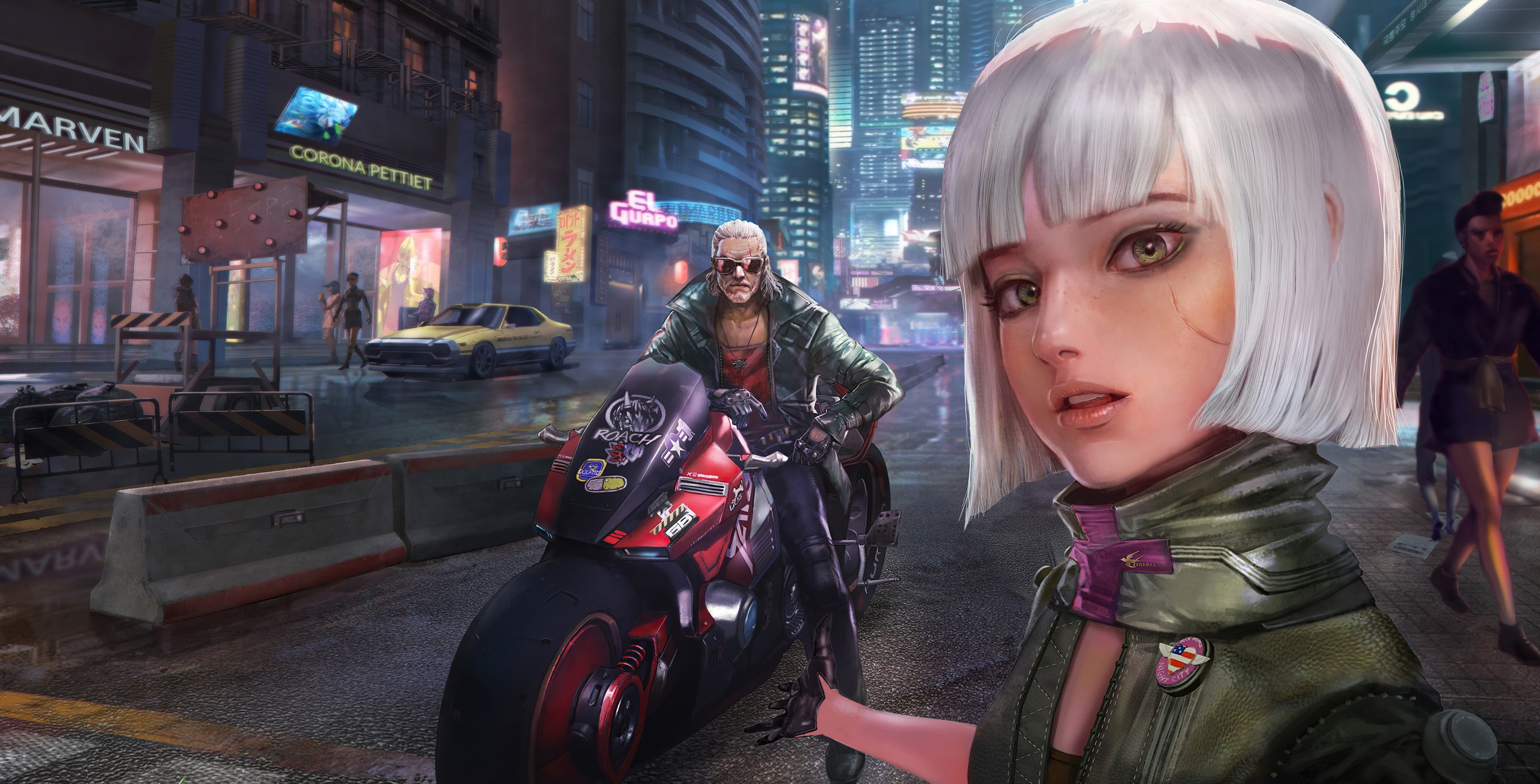 Cyberpunk girl and man on motorcycle in futuristic city HD Wallpaper
