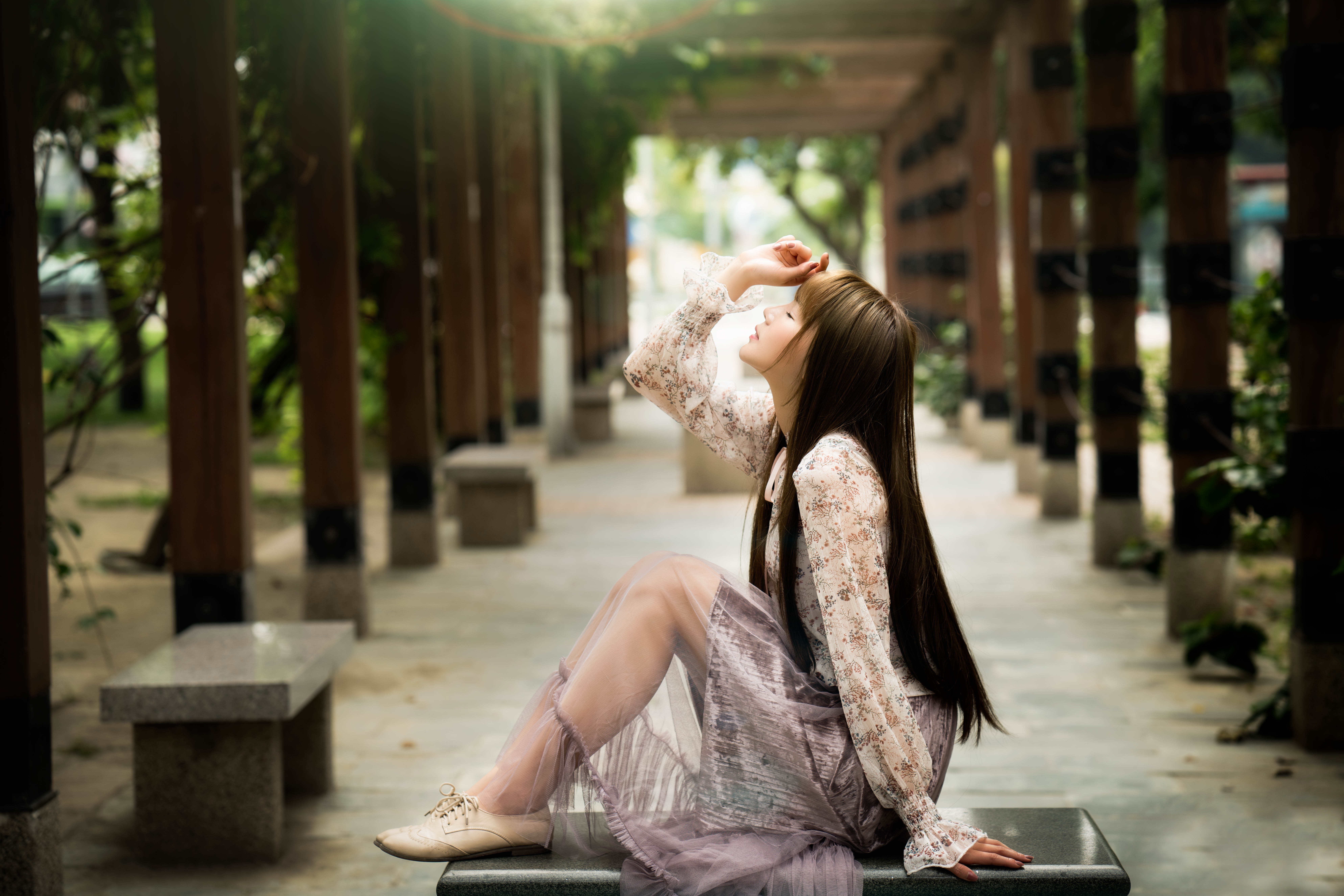 Asian Model in Flowing Dress with Long Hair HD Wallpaper