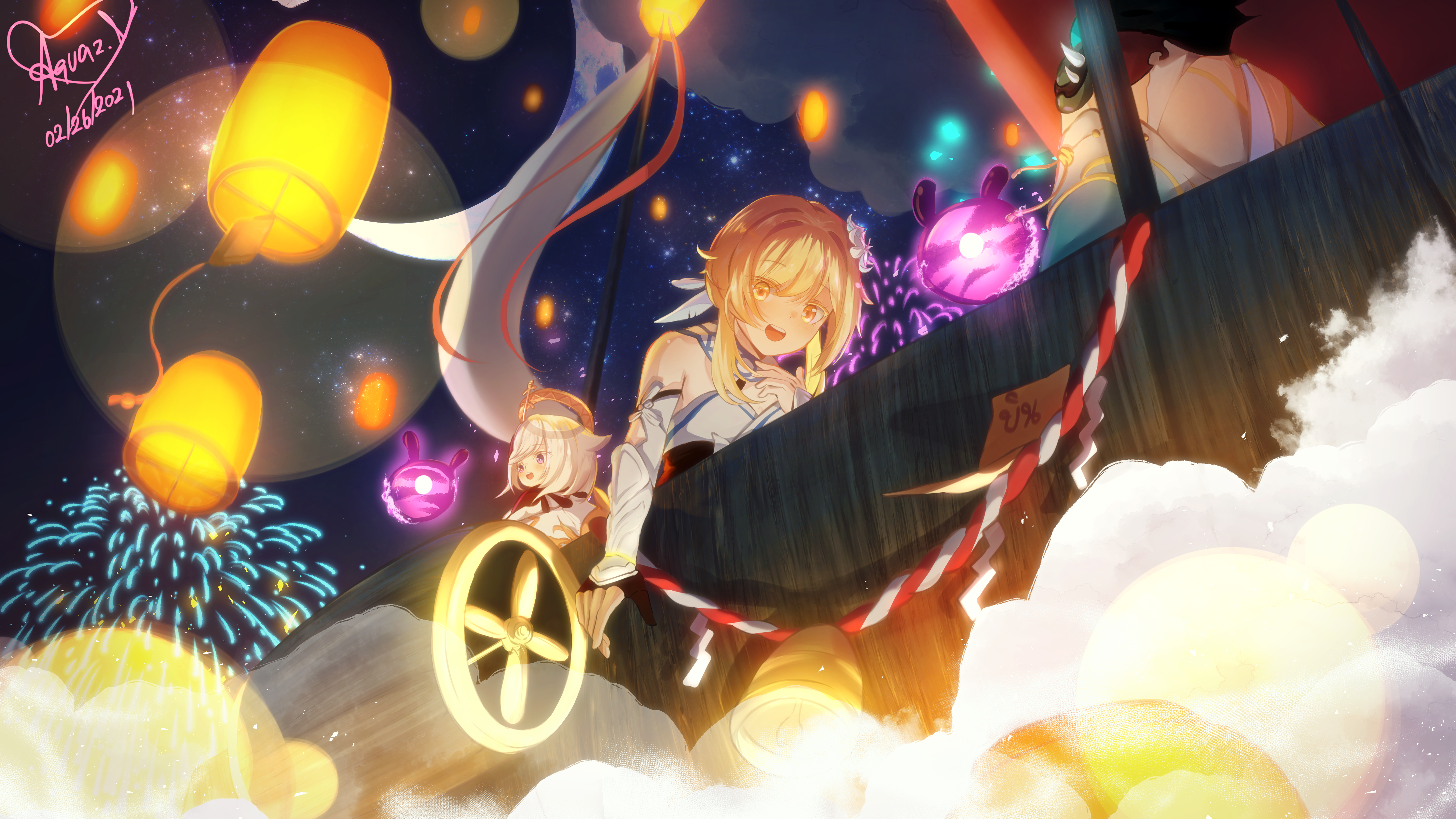Lumine and Paimon from Genshin Impact on a boat with lanterns HD Wallpaper