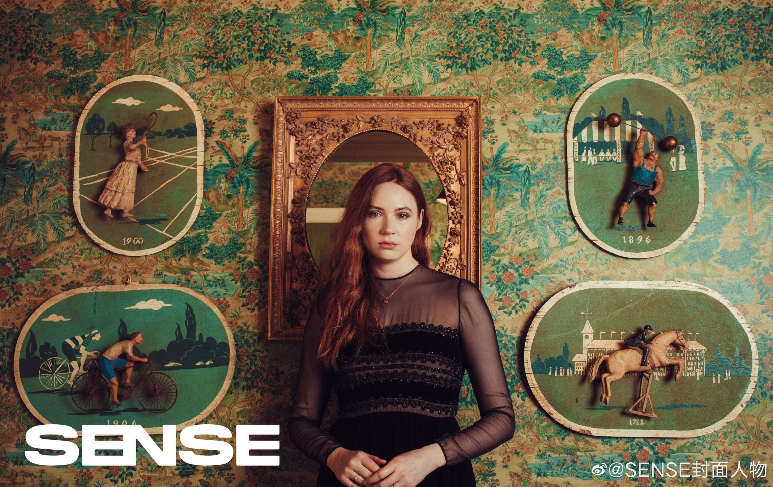 Karen Gillan in front of vintage sports dioramas HD Wallpaper
