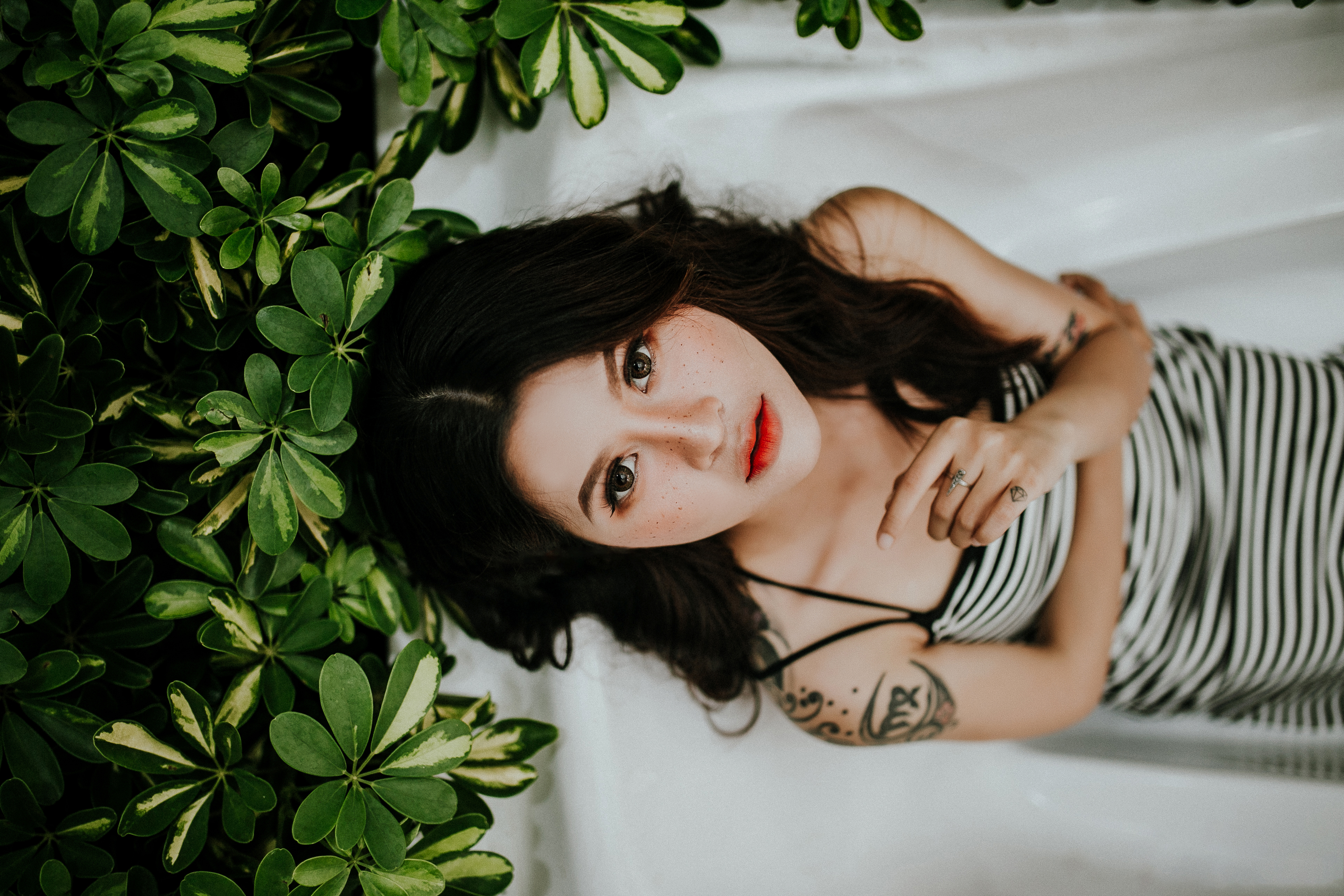 Asian model with dark hair and freckles HD Wallpaper
