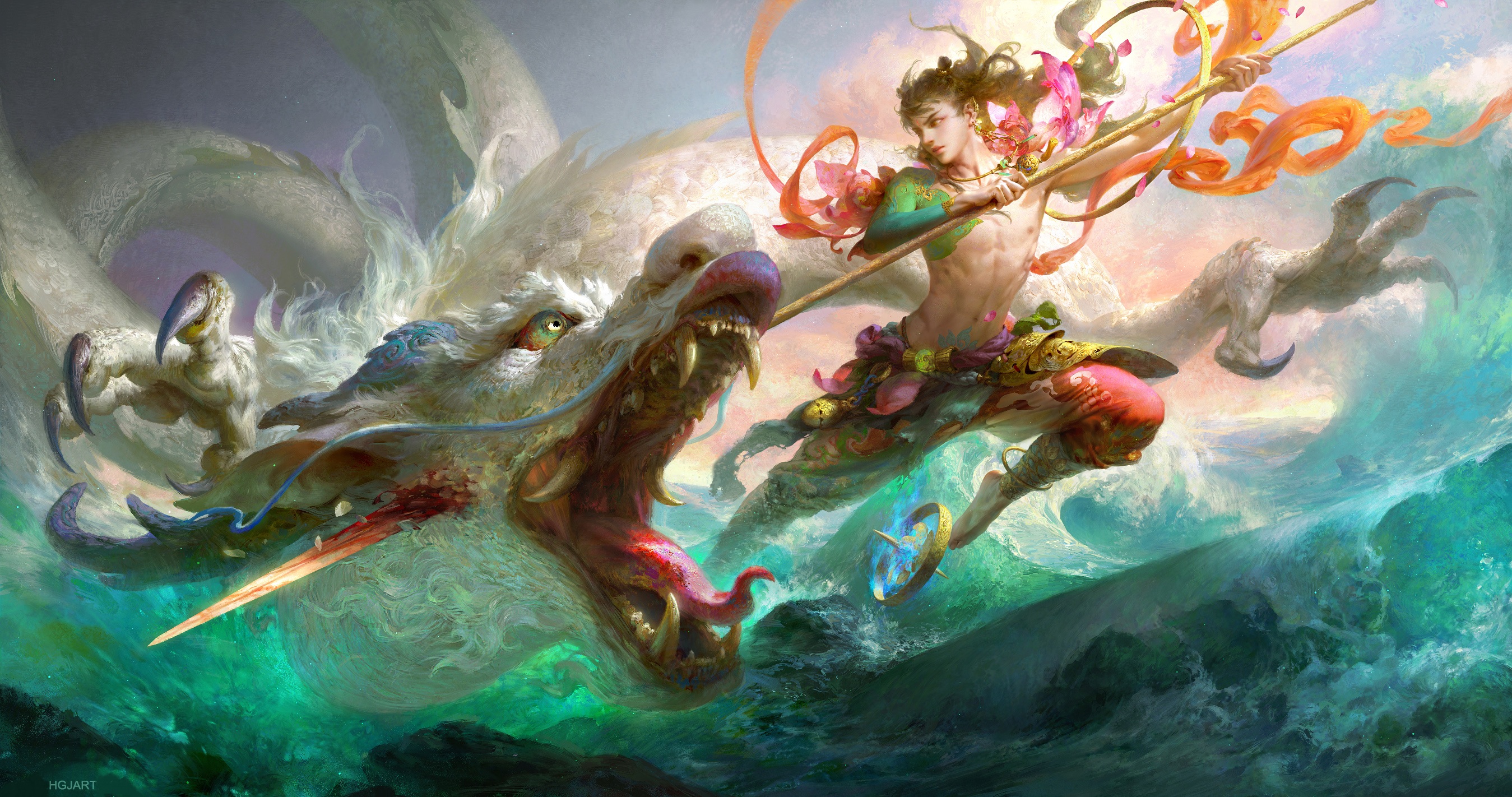 Fantasy warrior riding a dragon in the ocean HD Wallpaper