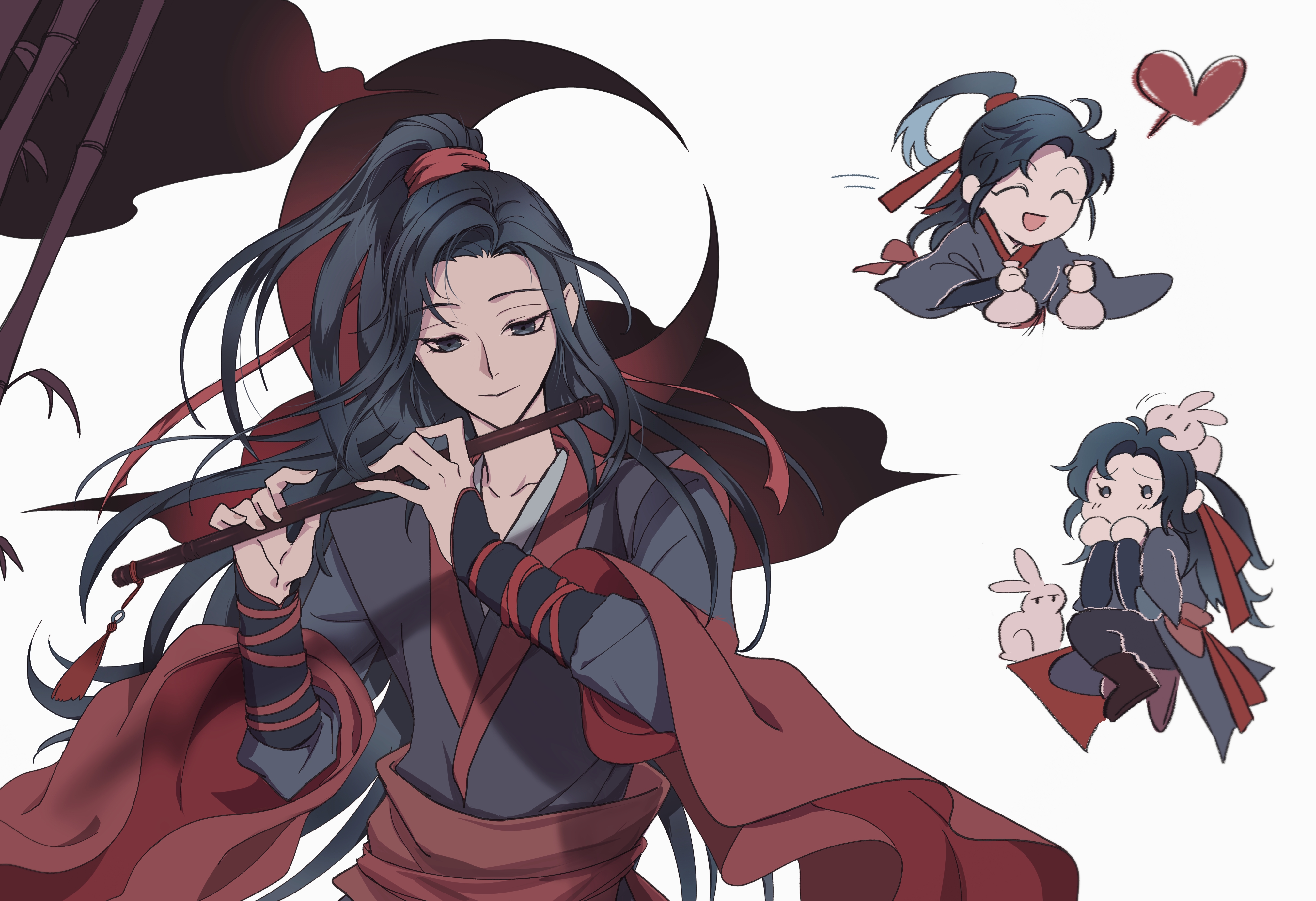 Wei Ying from The Untamed playing flute with chibi versions HD Wallpaper