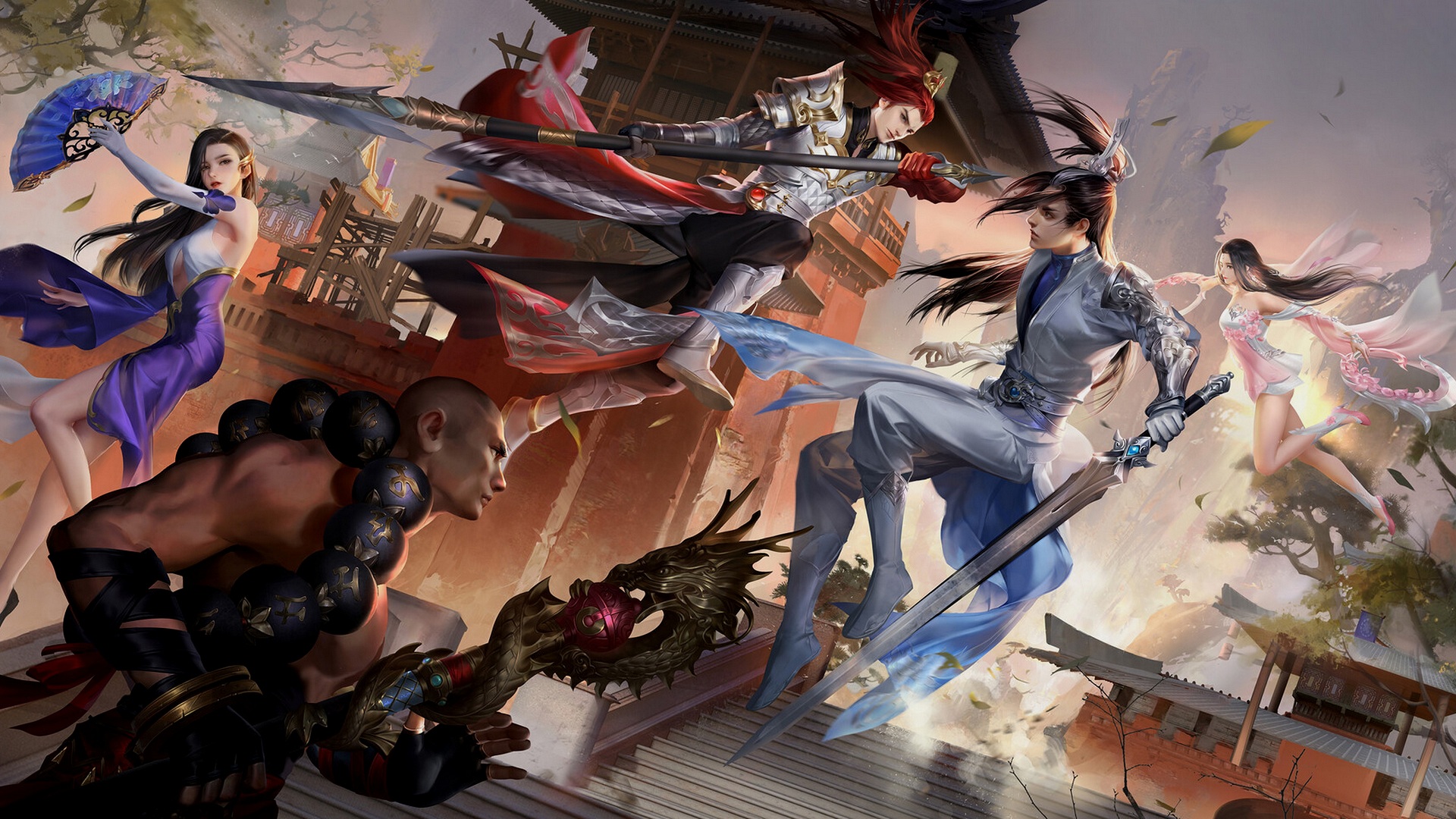 Fantasy warriors in combat with traditional Chinese architecture HD Wallpaper