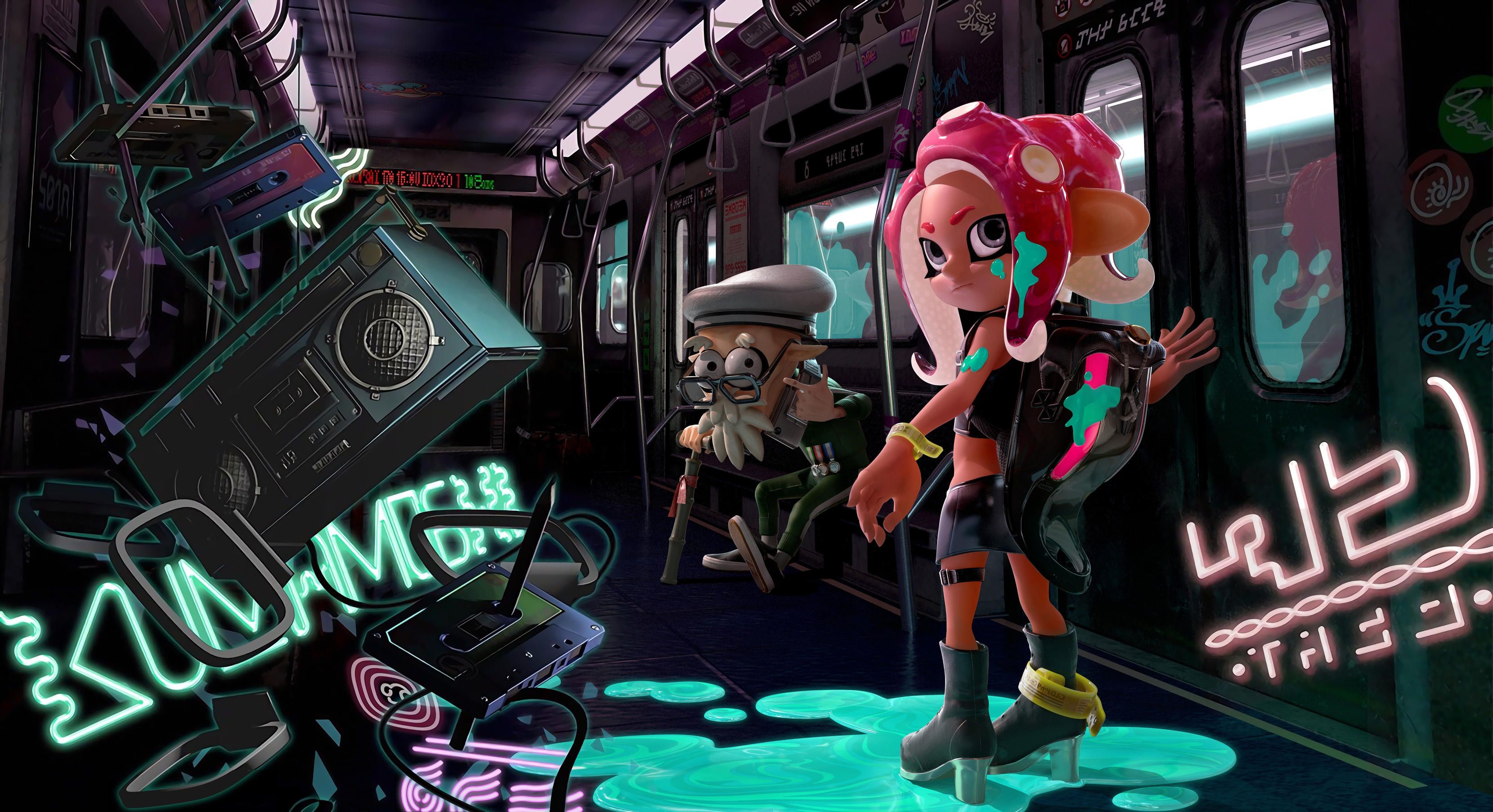 Octoling and old man on a subway train in Splatoon 2: Octo Expansion HD Wallpaper