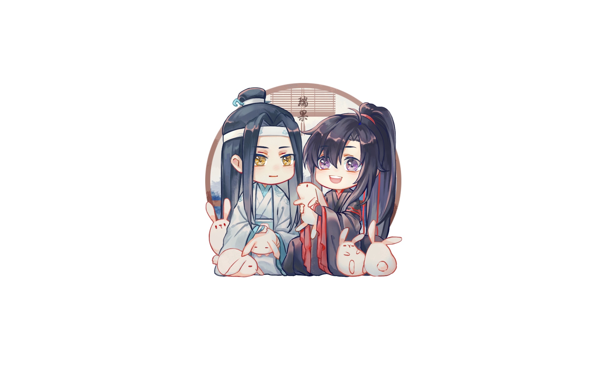 Lan Wangji and Wei Ying from Mo Dao Zu Shi with bunnies HD Wallpaper