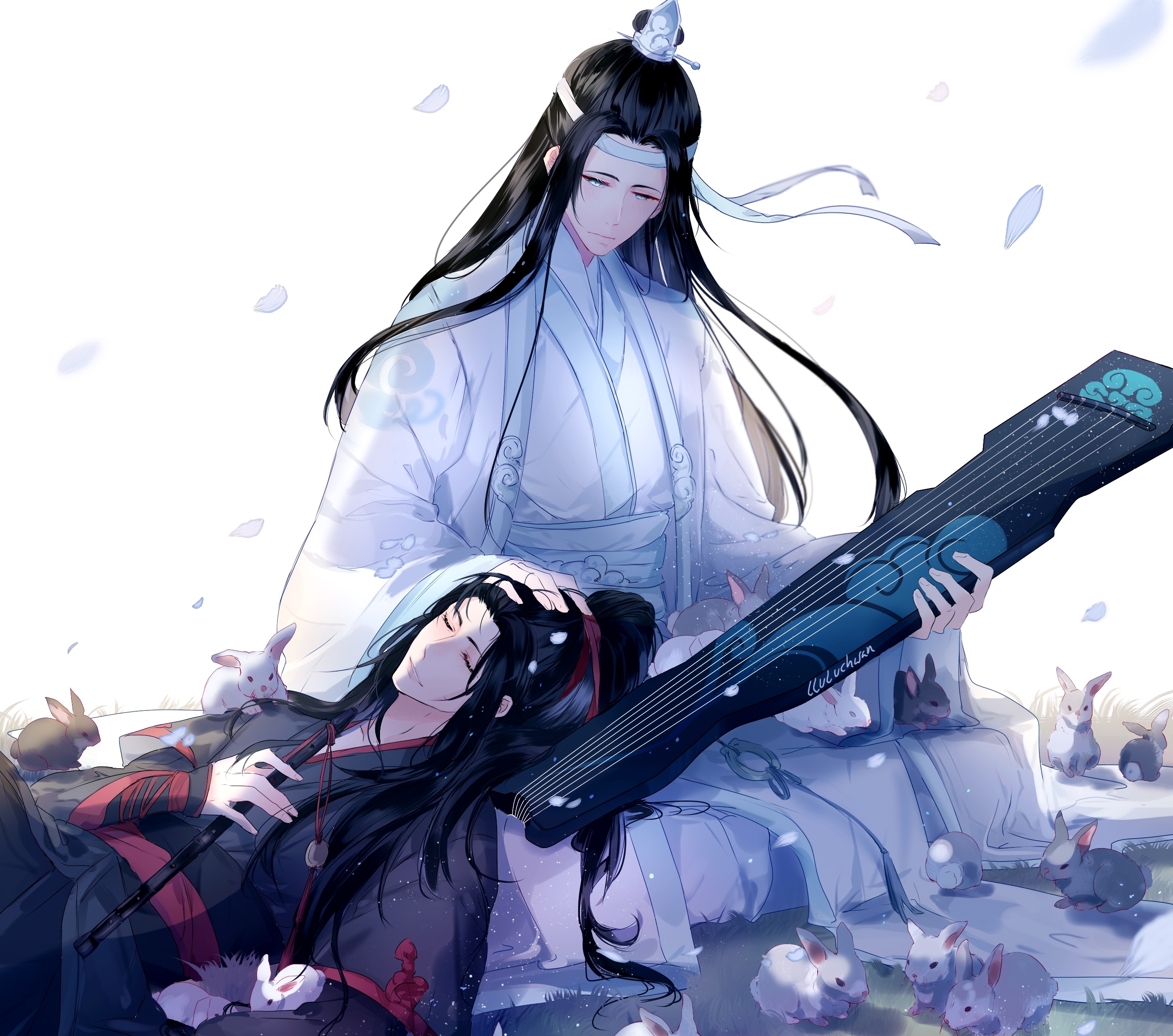 Lan Wangji and Wei Wuxian with rabbits HD Wallpaper