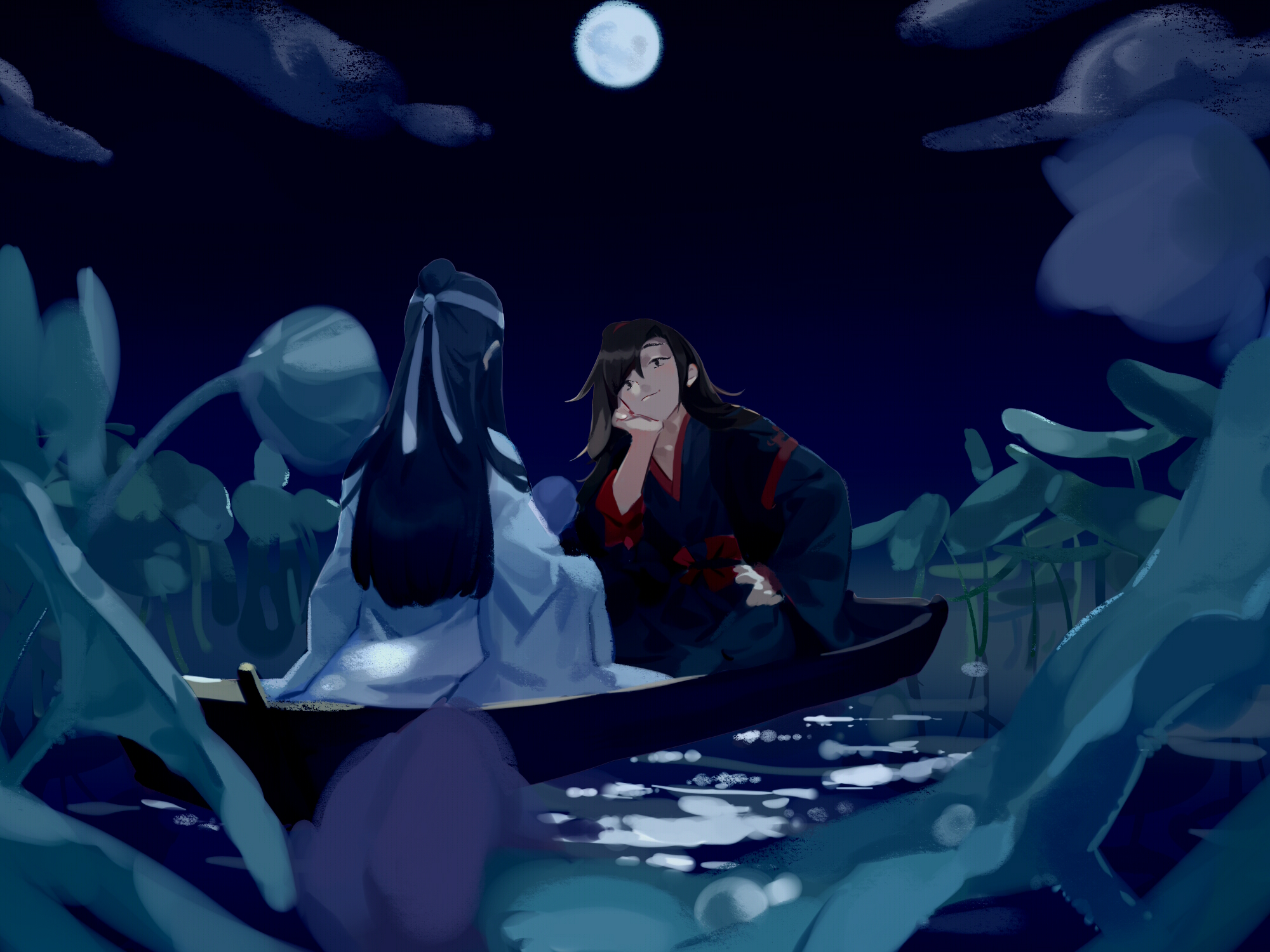 Wei Ying and Lan Wangji in a boat at night HD Wallpaper
