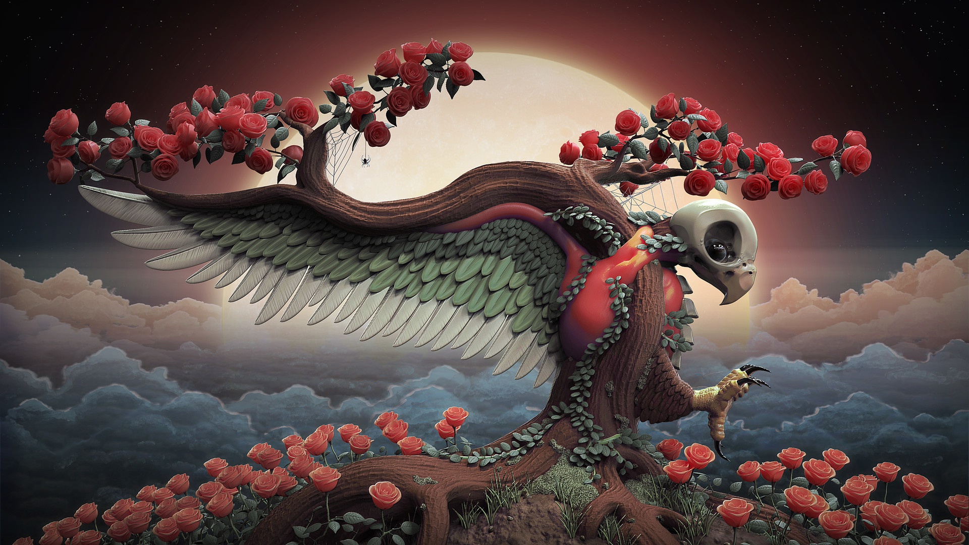 Fantasy Tree with Wings and Roses HD Wallpaper