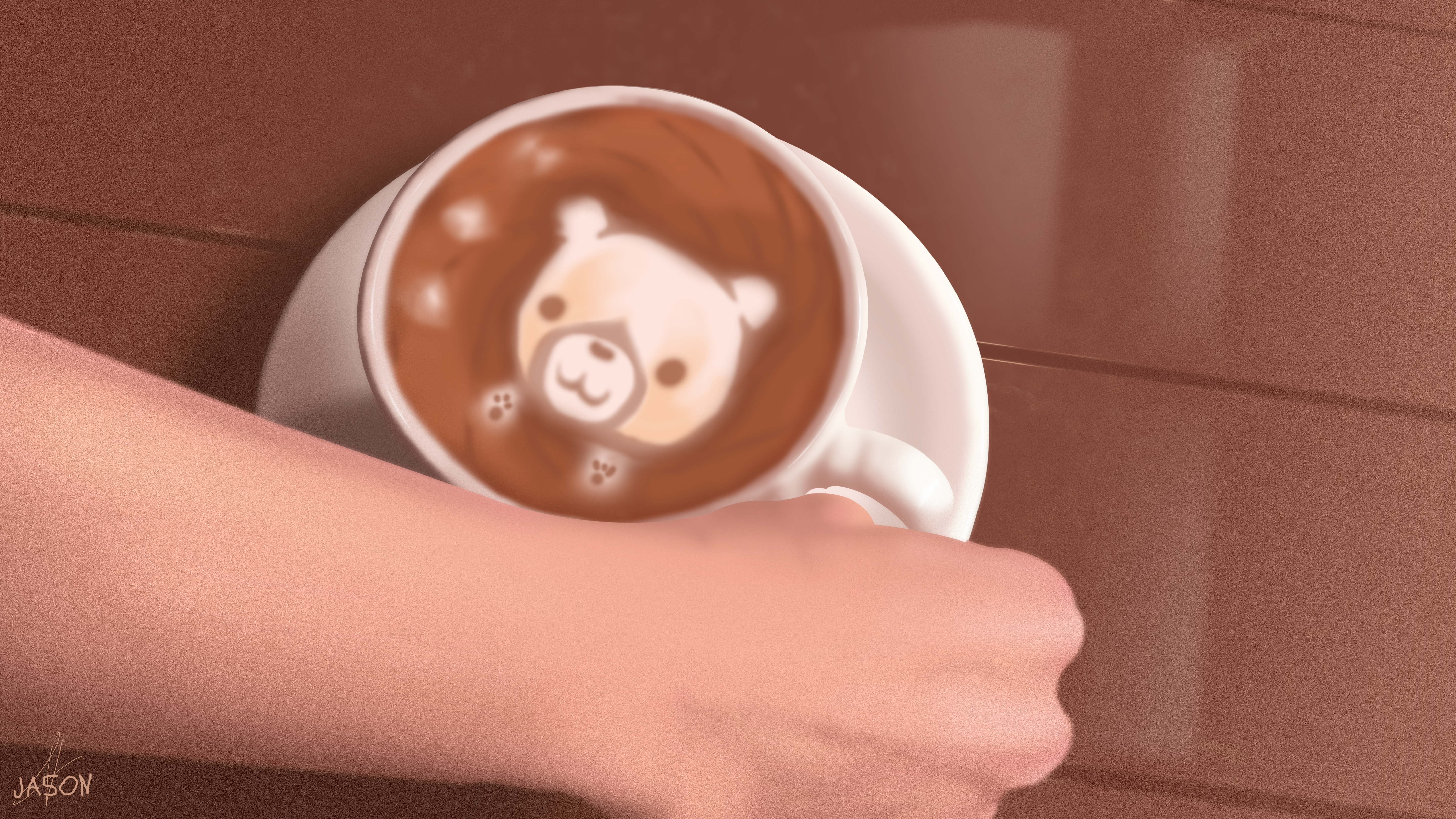 Hand holding a coffee cup with bear latte art HD Wallpaper