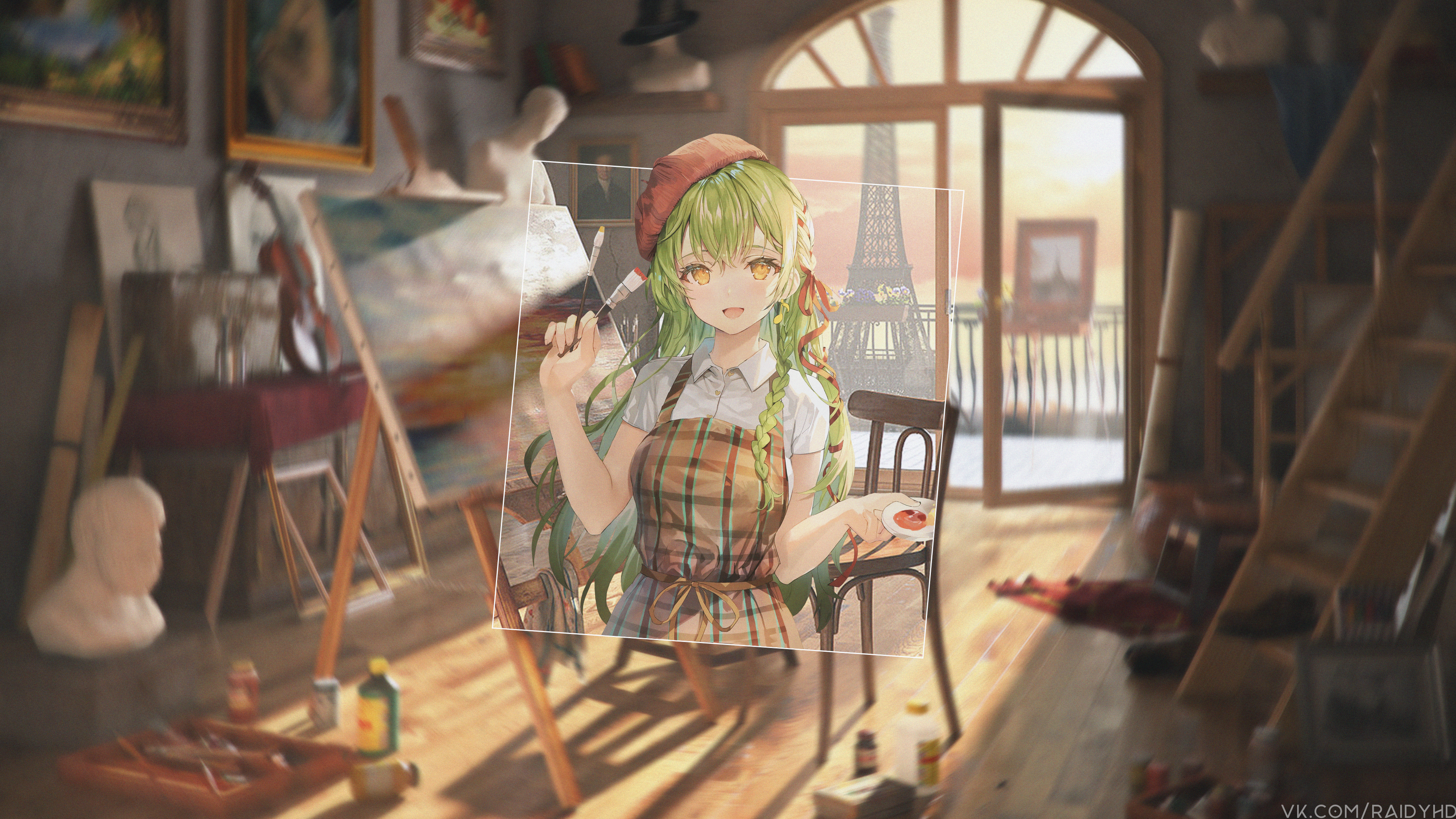 Girl with Green Hair Painting in Studio 4K HD Wallpaper