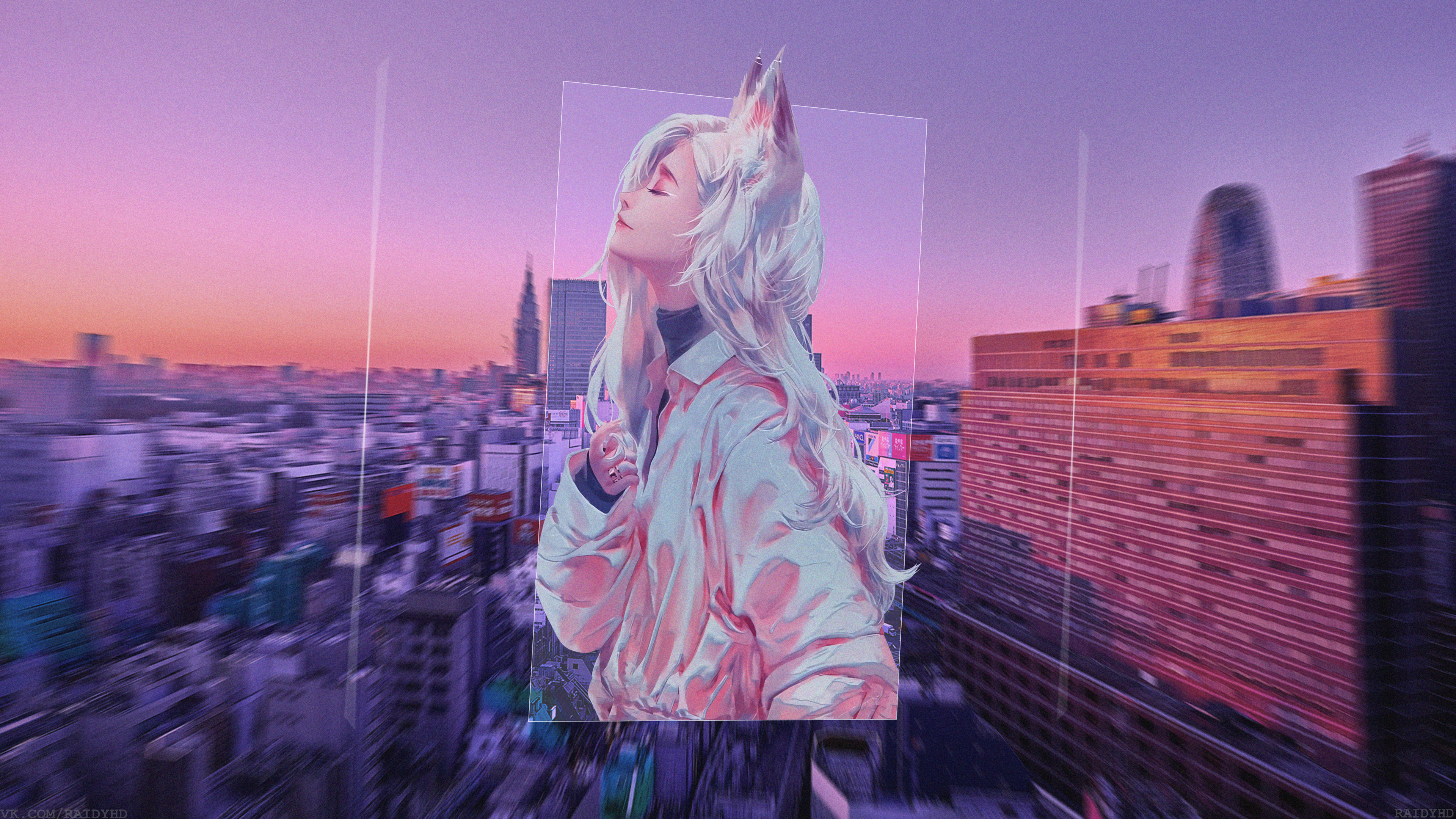 Anime girl with white hair in a city at sunset HD Wallpaper