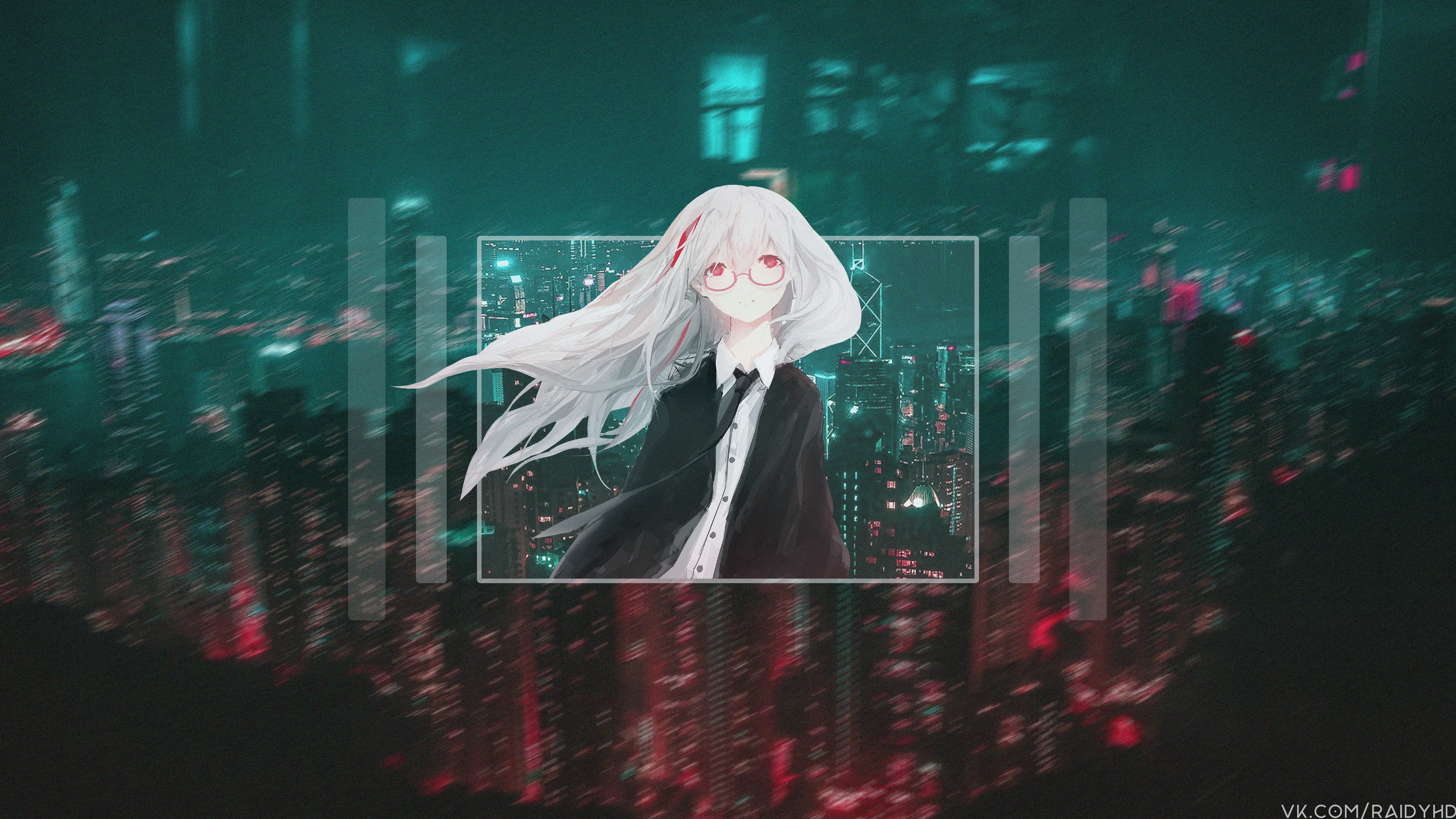 Anime Girl with White Hair and Glasses HD Wallpaper