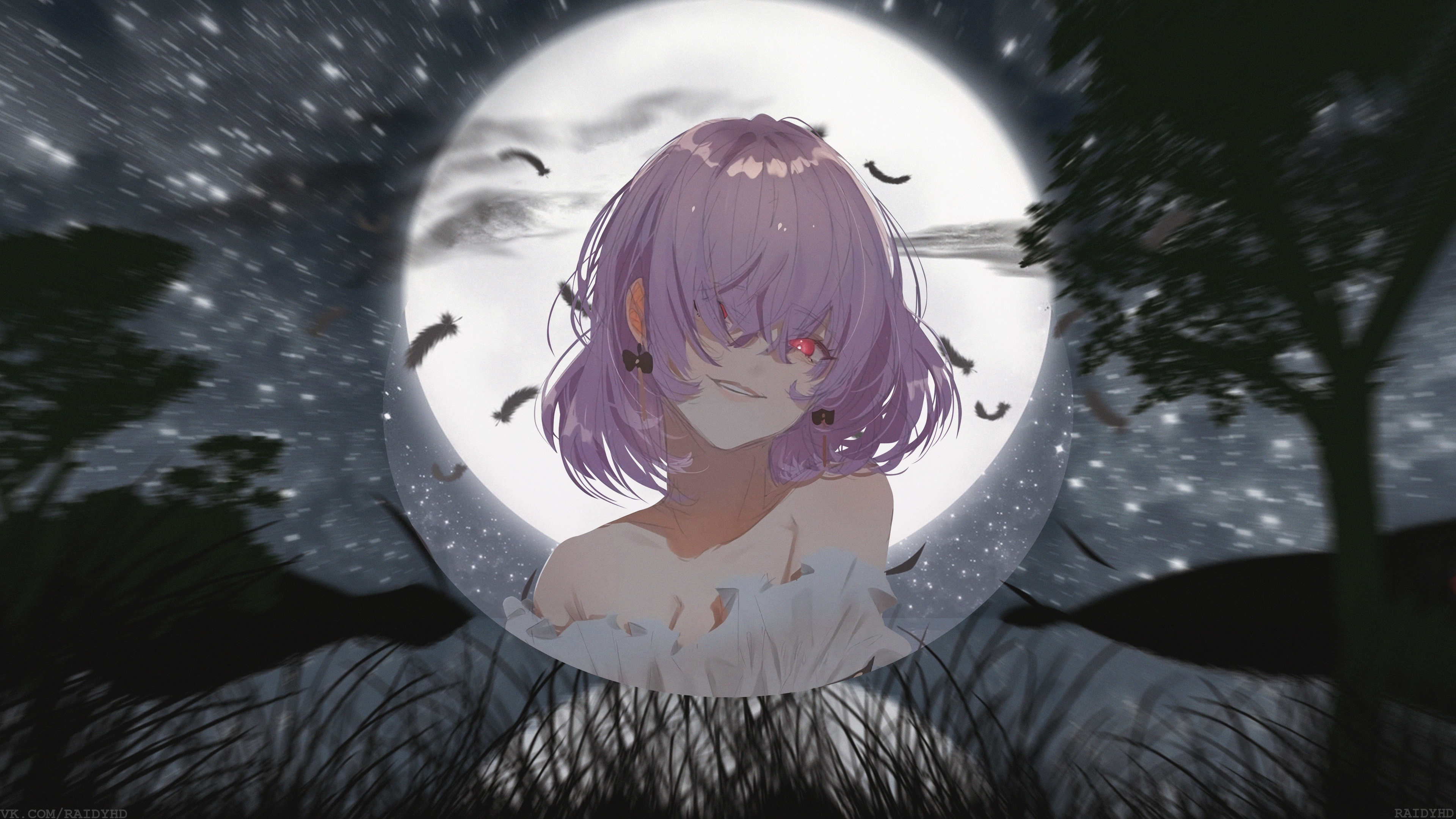 Anime Girl with Red Eyes and Purple Hair in Front of Moon HD Wallpaper