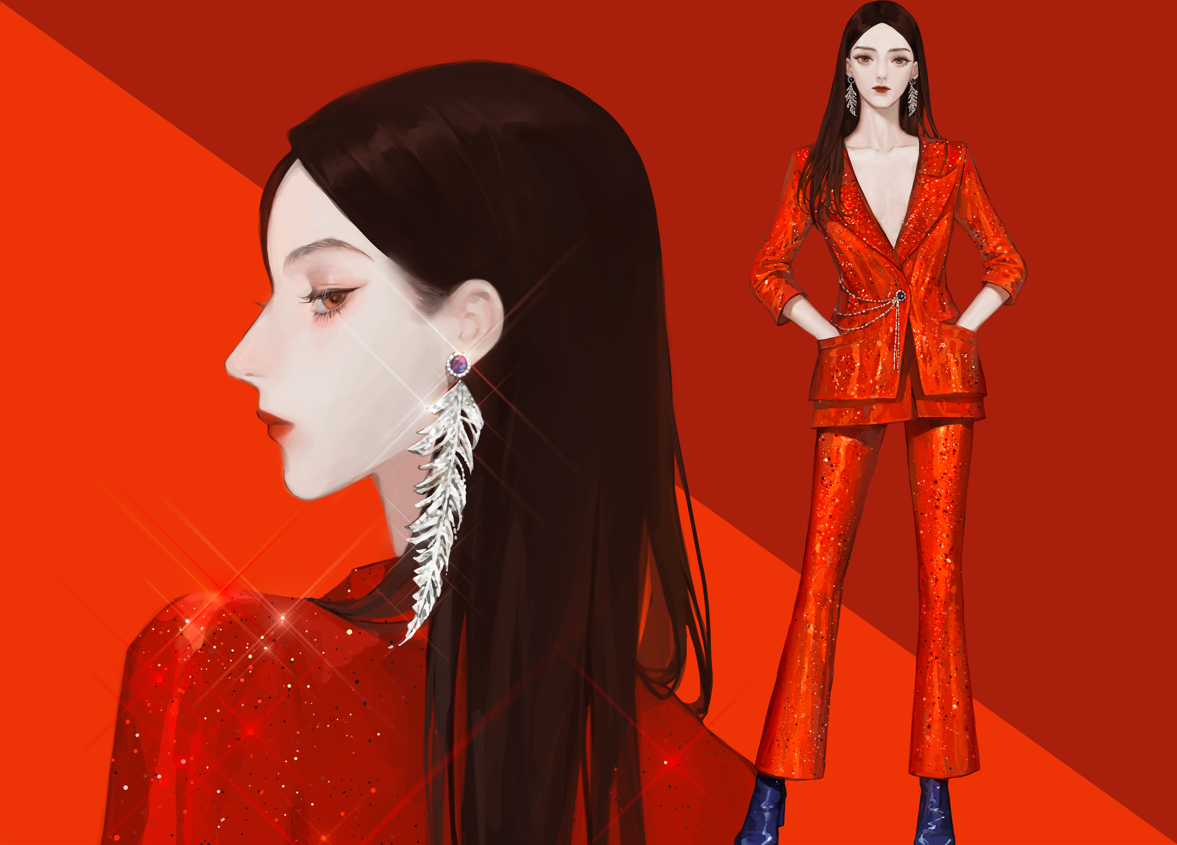 Girl with Black Hair in Red Suit HD Wallpaper