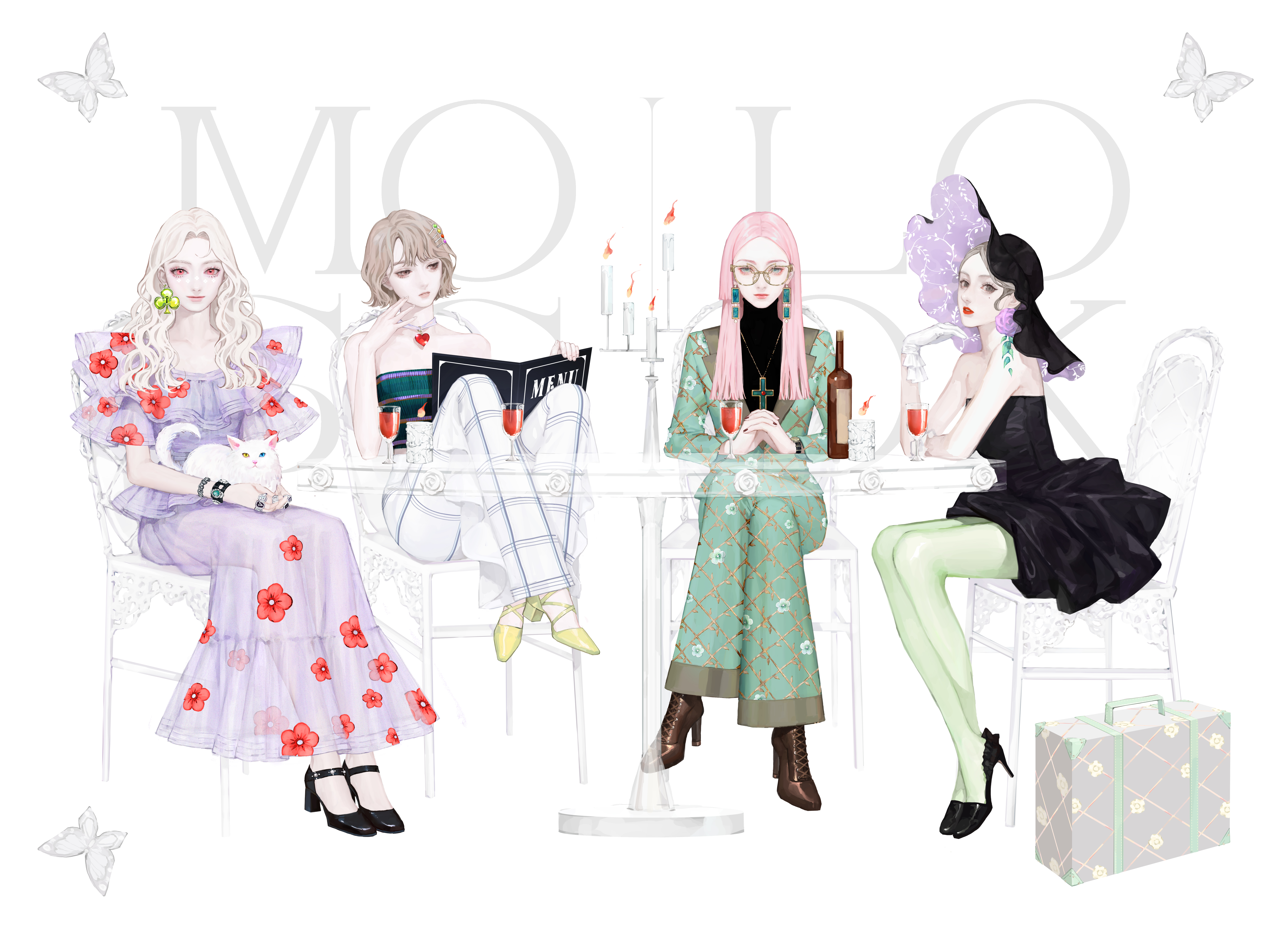 Four fashionable women at a table HD Wallpaper