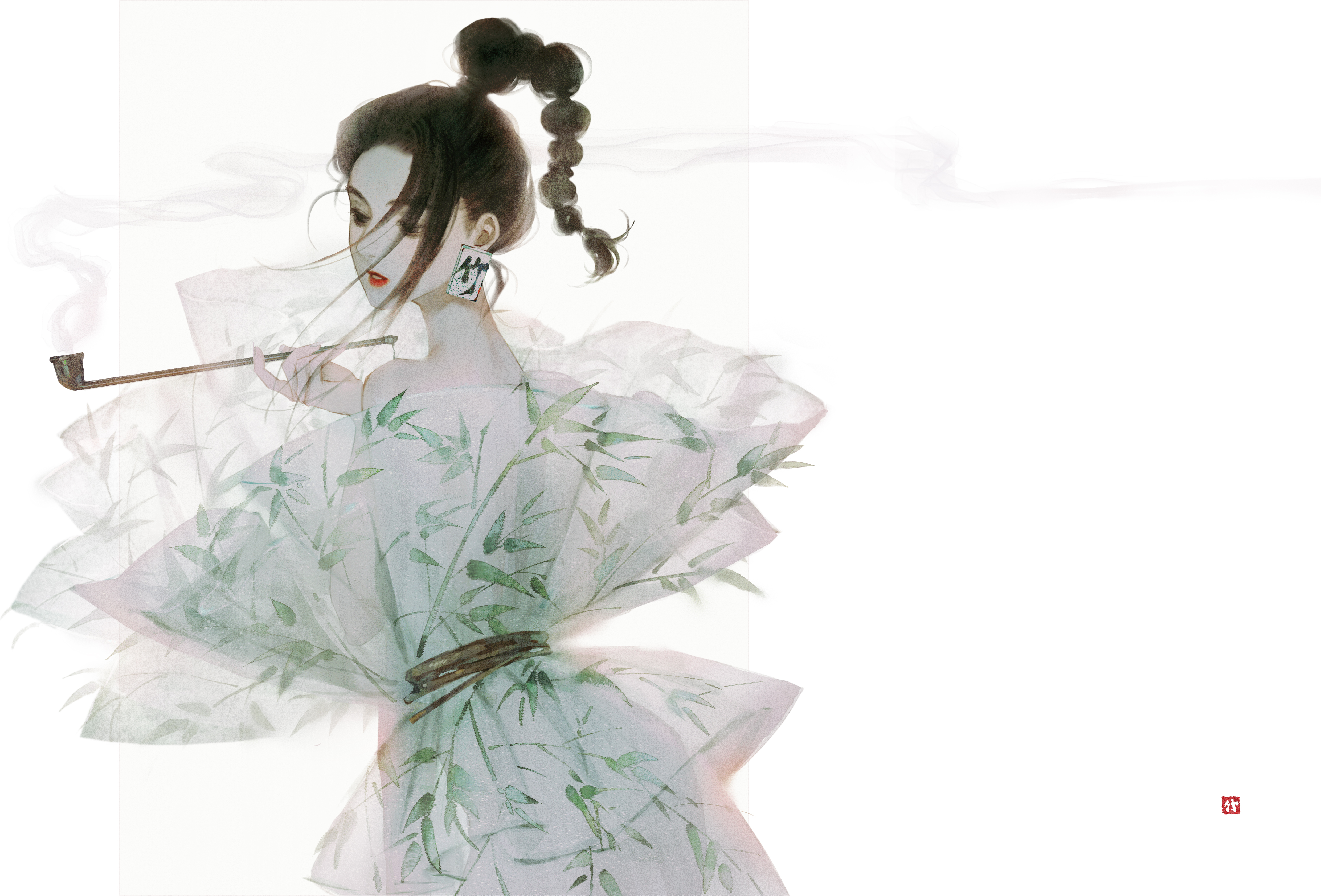 Girl smoking a pipe with black hair and a bamboo dress HD Wallpaper