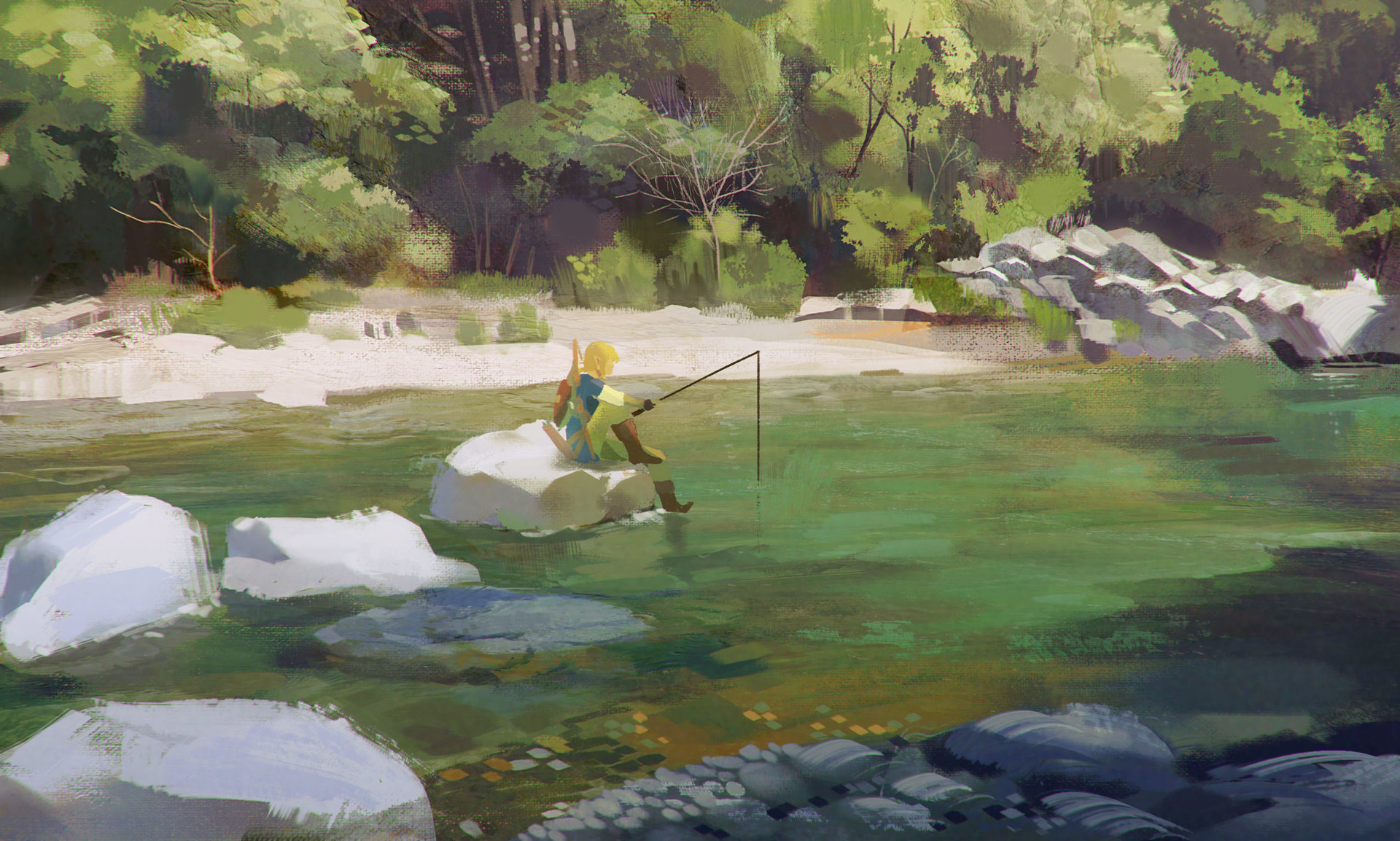 Link fishing in a river from The Legend of Zelda: Breath of the Wild HD Wallpaper
