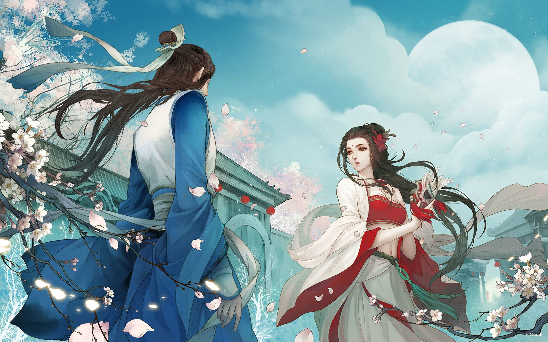 Couple in traditional Chinese attire under a full moon HD Wallpaper