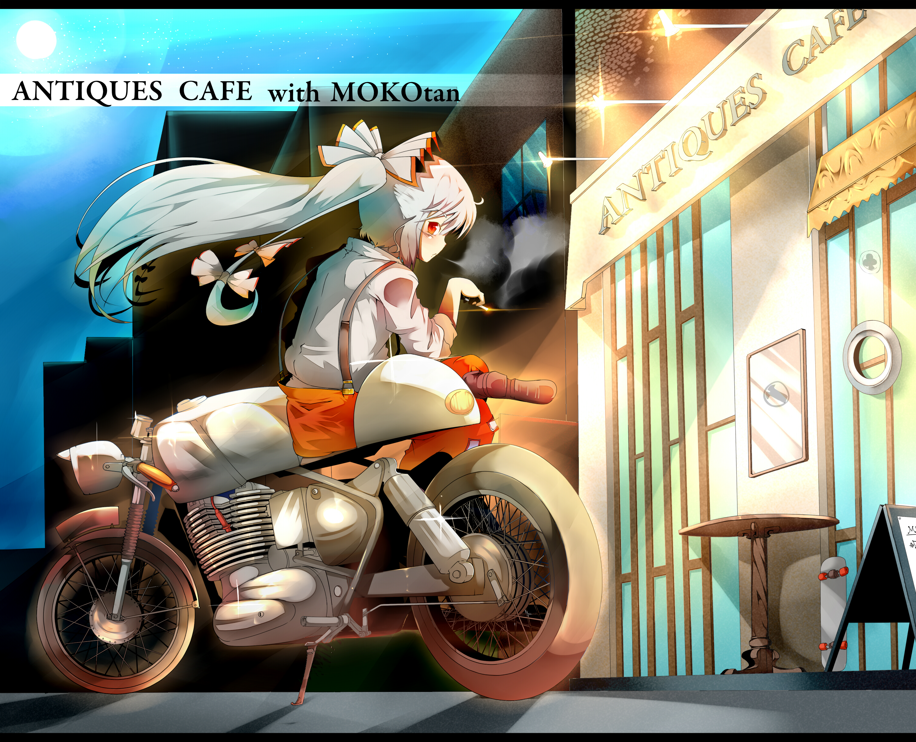 Fujiwara no Mokou from Touhou on a motorcycle at an antique cafe HD Wallpaper