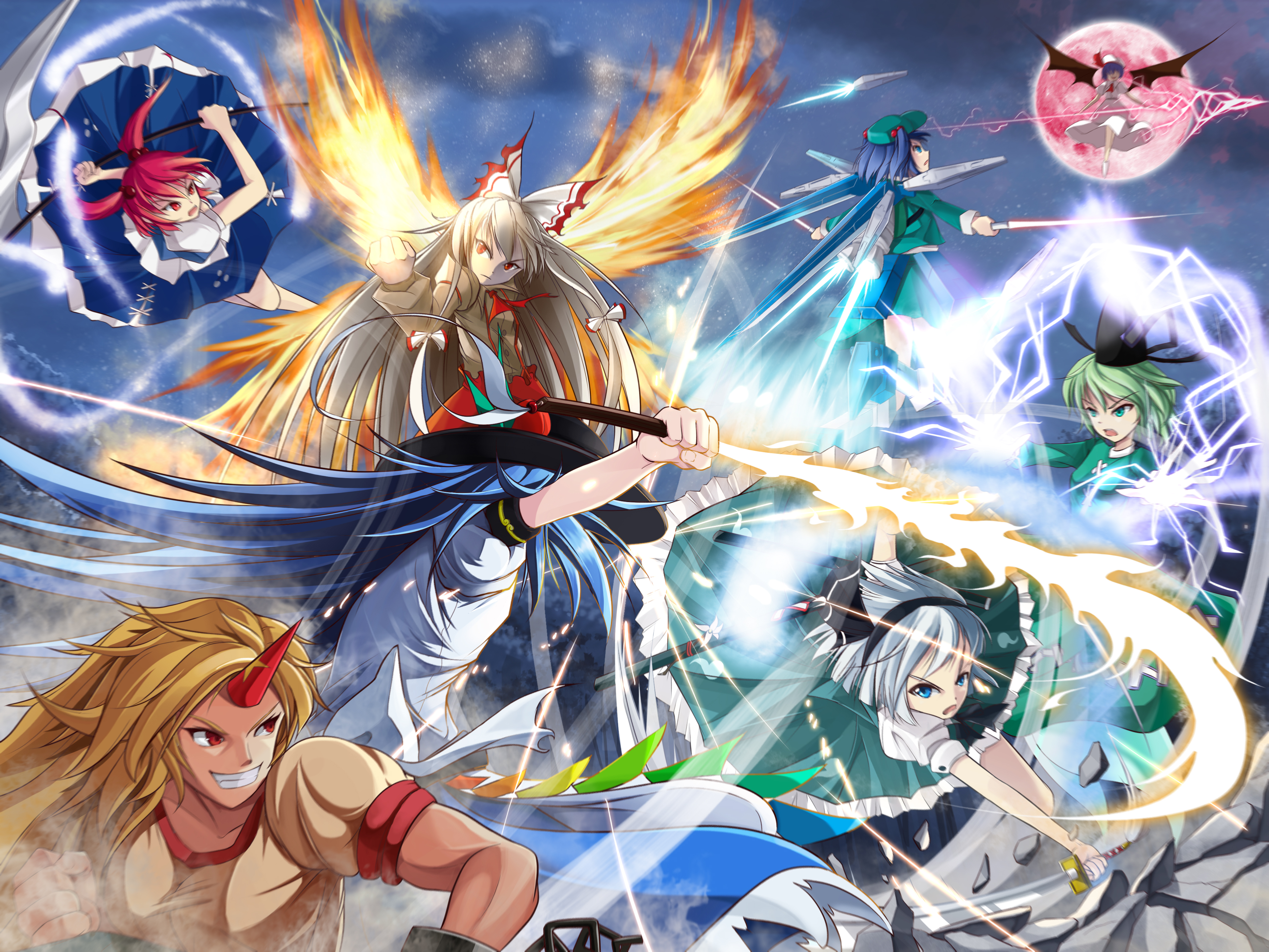 Touhou: Remilia Scarlet, Fujiwara no Mokou, Yuugi Hoshiguma, and others in battle HD Wallpaper