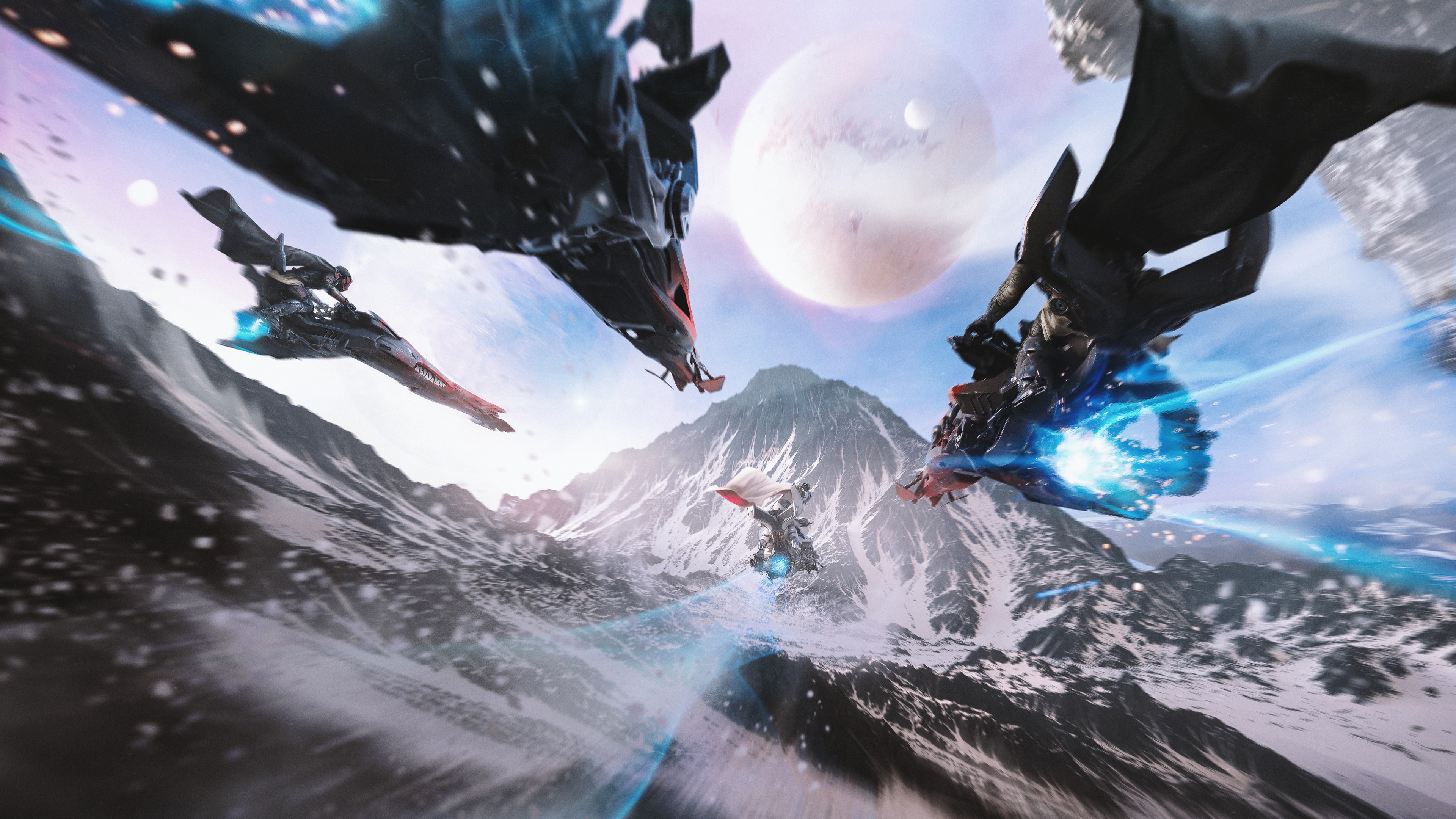 Characters riding futuristic vehicles through snowy mountains HD Wallpaper