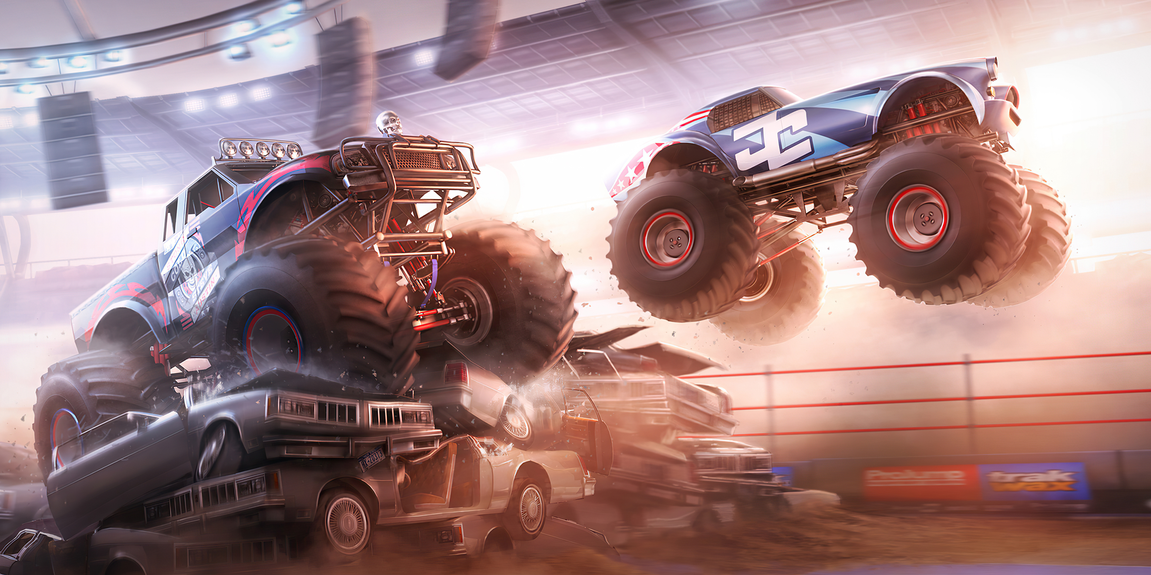 Monster trucks jumping over crushed cars in an arena HD Wallpaper