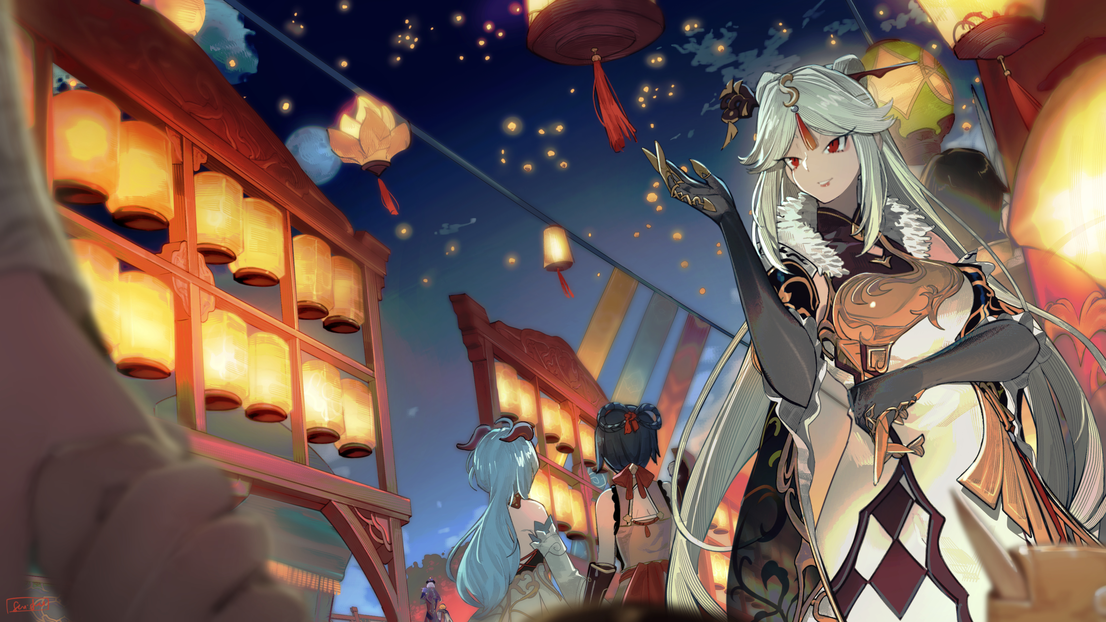 Ningguang and Ganyu from Genshin Impact at a Lantern Festival HD Wallpaper